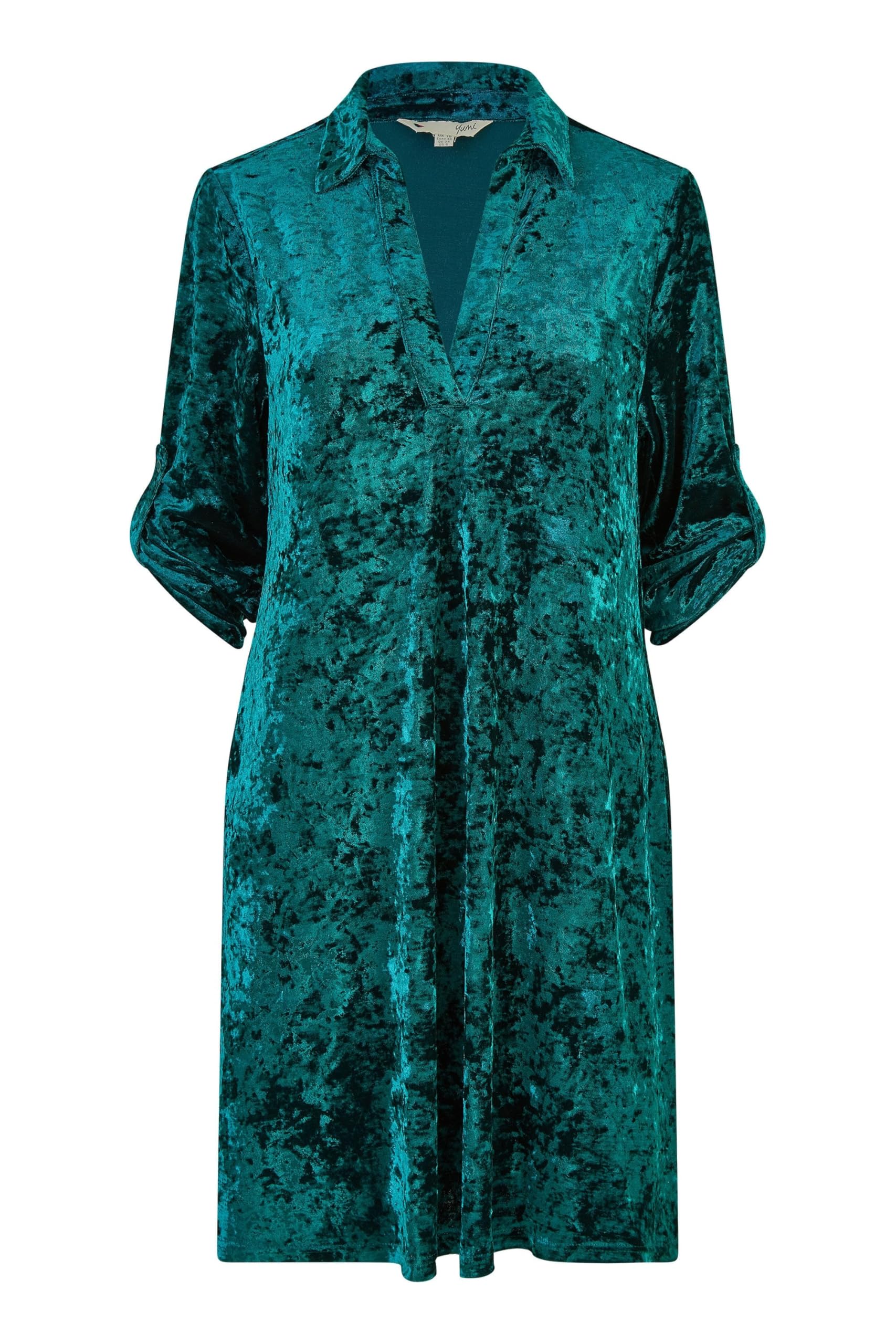 Yumi Women's Green Velvet Tunic Dress With 3/4 Sleeves 14
