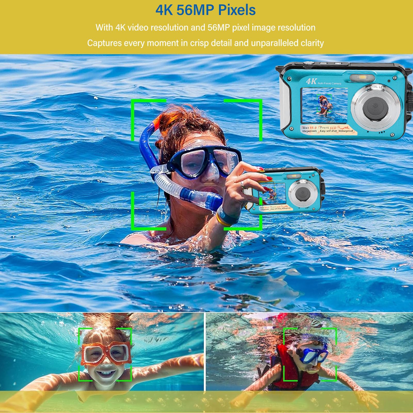 Waterproof Underwater Camera, 4K 56MP Digital with 16X Zoom, Dual Screen 64G Card, Autofocus, Face Detection, 1250mAh Battery for Snorkeling (Blue)