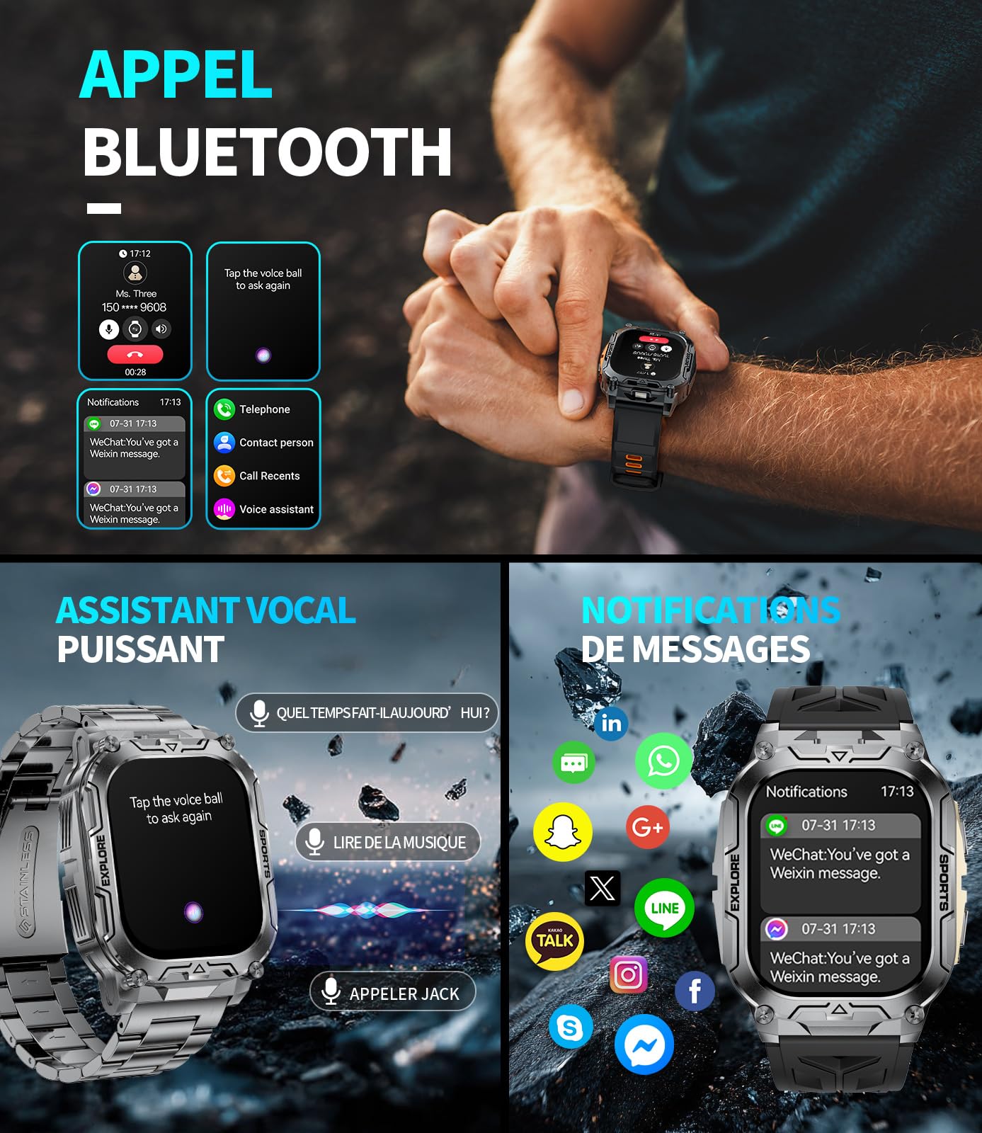 Montre Connectée Homme avec 1000 mAh,2.01'HD Grand Écran Fitness Tracker avec Sommeil/Fréquence Cardiaque,Podomètre,IP68 étanche Sport Smartwatch Homme pour Android iOS (Rose)