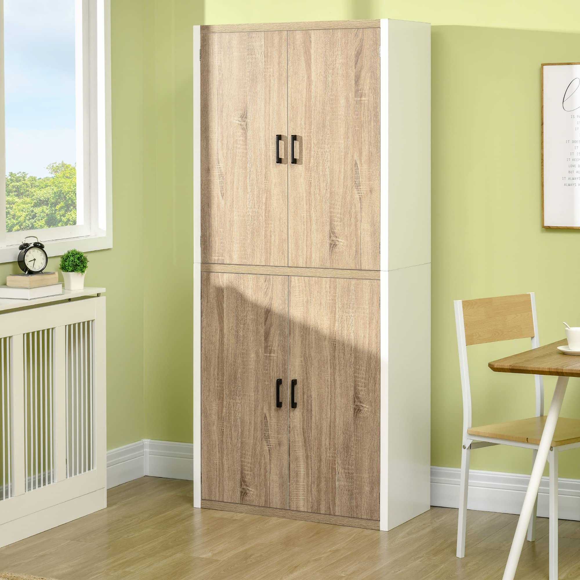HOMCOM Credenza Cucina con 4 Ripiani Regolabili, Mobile Cucina Dispensa in Legno MDF, 4 Porte e Dispositivo Antiribaltamento, 80x40x182cm, Color Legno e Bianco