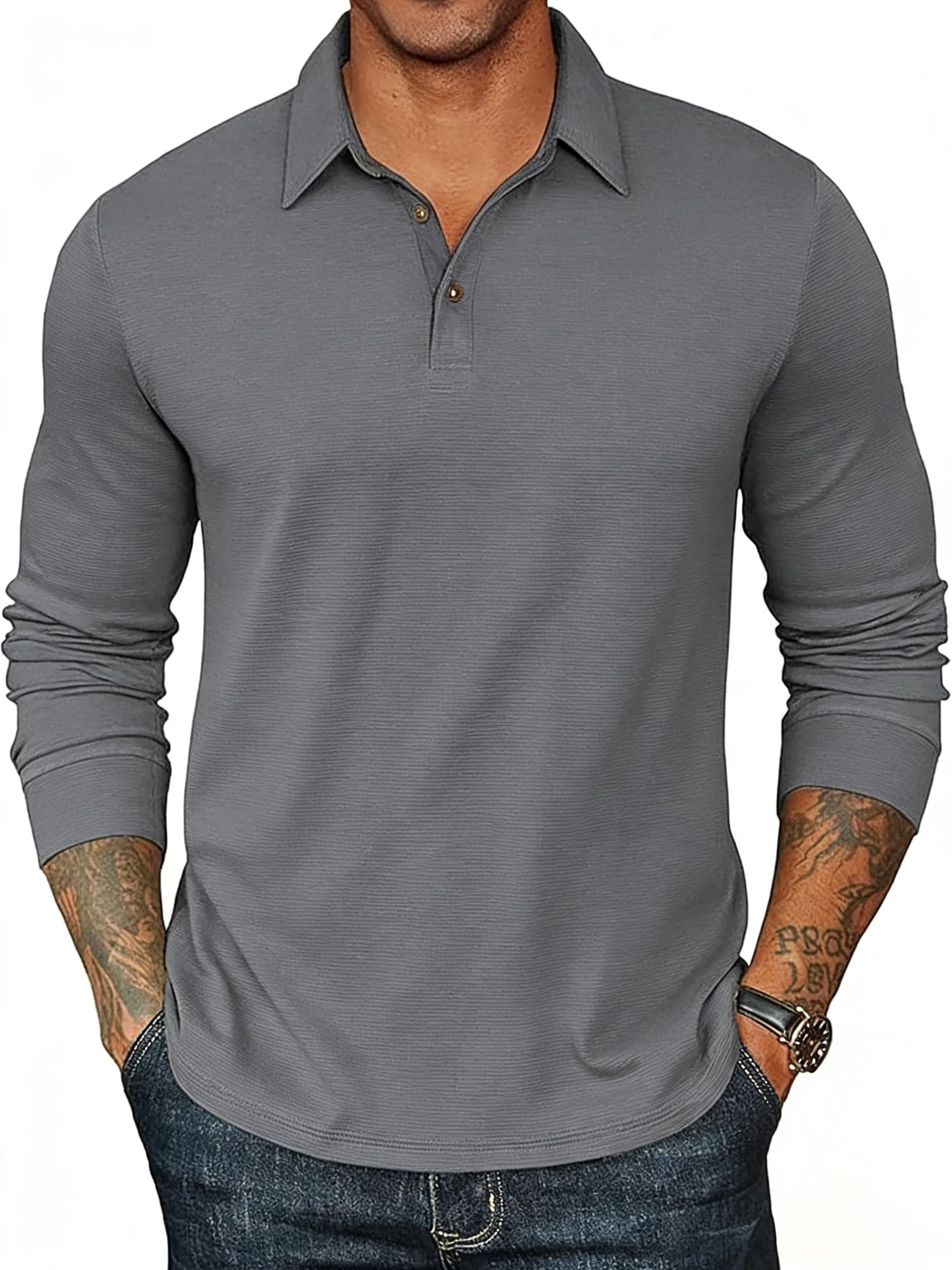 Camisa de golf de manga larga para hombre, absorbe la humedad, ajuste seco, rendimiento sólido, casual, piqué, polo de golf para hombre
