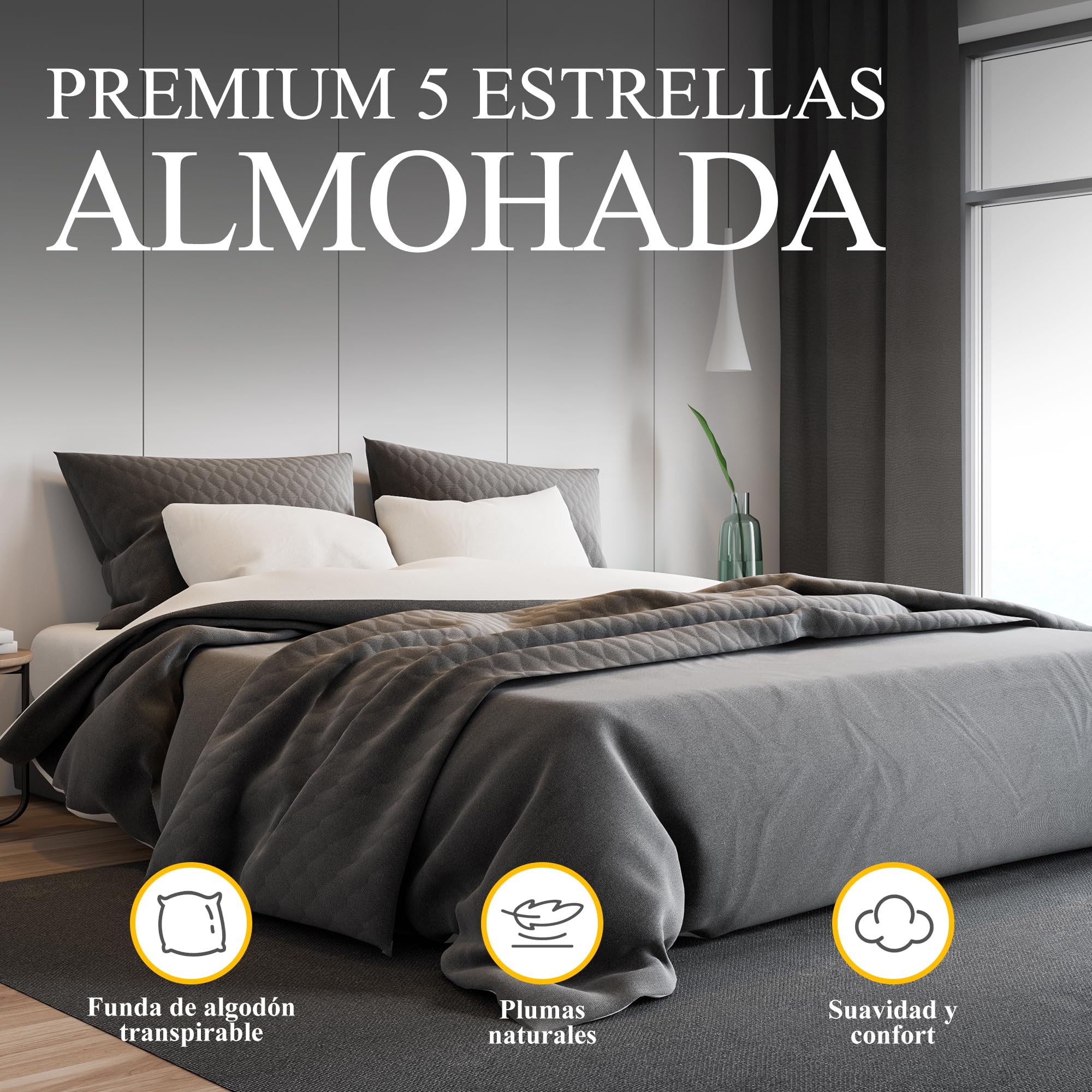 Orange Wave Almohada de Plumón 60x60 cm, Almohadas de Cama, 3 cámaras, Certificada RDS y Oeko-Tex, Transpirable y Antialérgica, Almohada de Calidad Hotelera, Lavable a Máquina