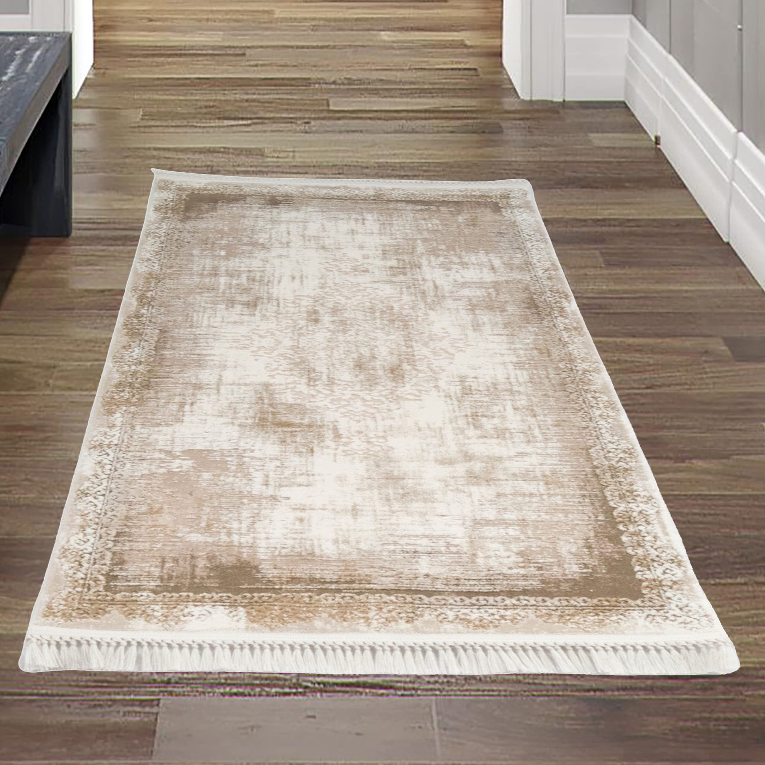 Teppich-Traum FLURLÄUFER Wollteppich mit Verzierungen & Ornamenten | gefranst | abstrakt in braun Größe 80x150 cm