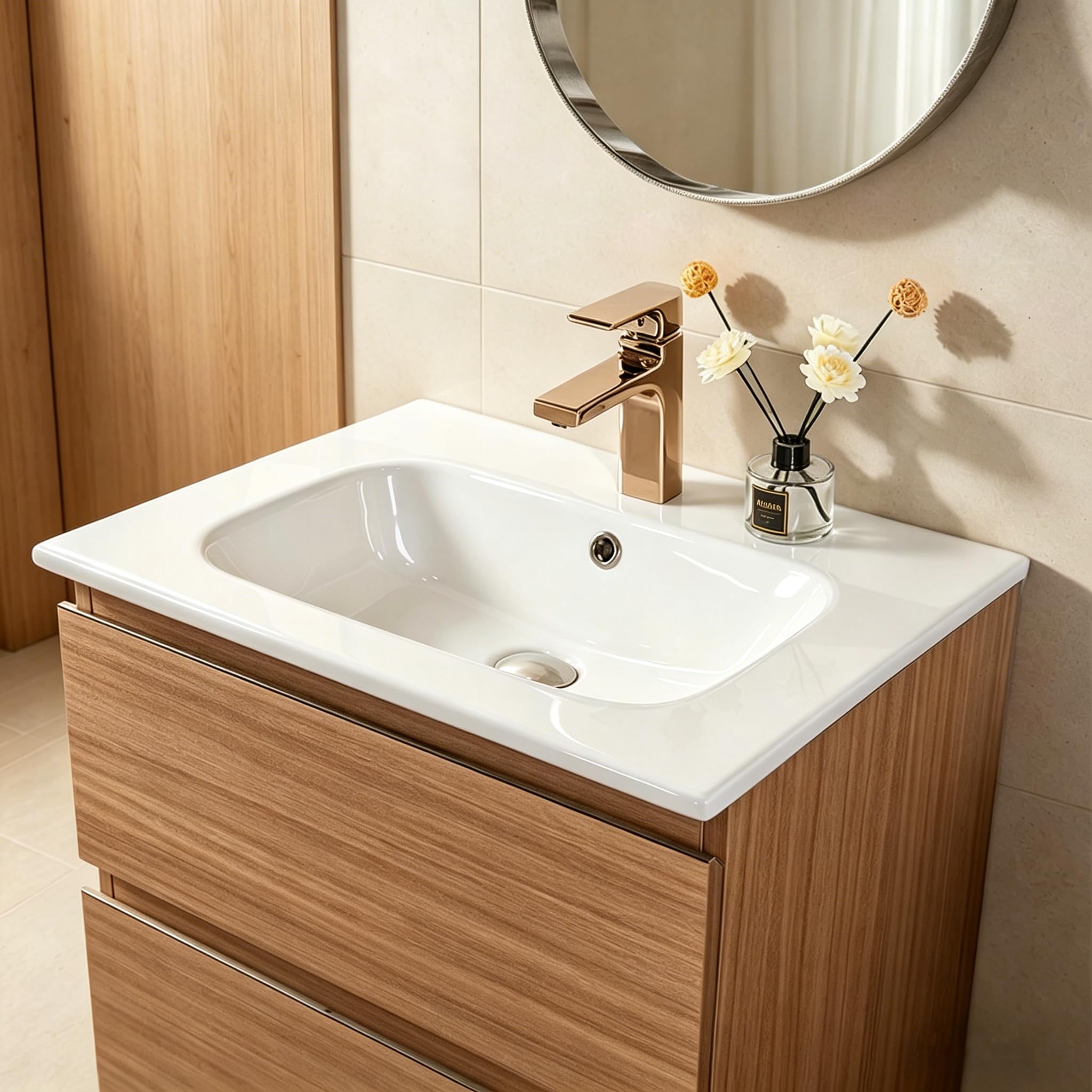 Lavabo Integrale a Incasso Soprapiano, Rettangolare in Ceramica Bianco Lucido, Lavandino Bagno con Foro Troppopieno (610 x 460 x 155 mm)