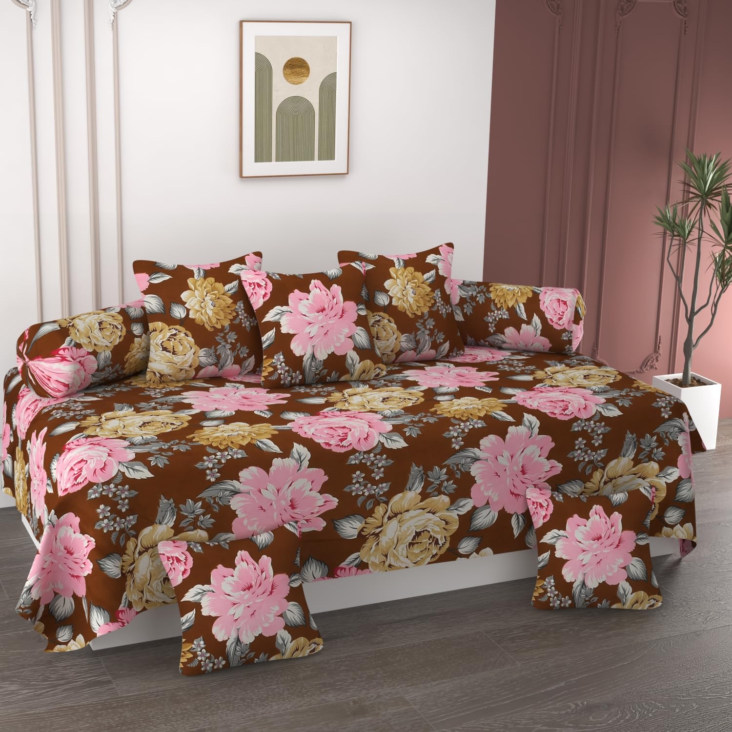 Floral Diwan Cover Set - Glace Cotton, Multicolor -9