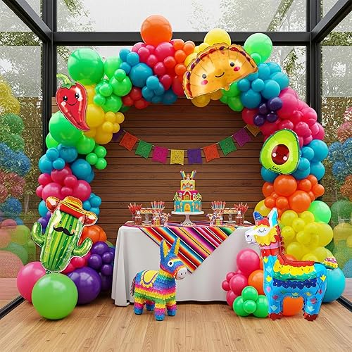 Kit de guirnalda de globos con temática de fiesta, 150 unidades, arco de decoración de fiesta mexicana con cactus, llama, taco, aguacate, chile,