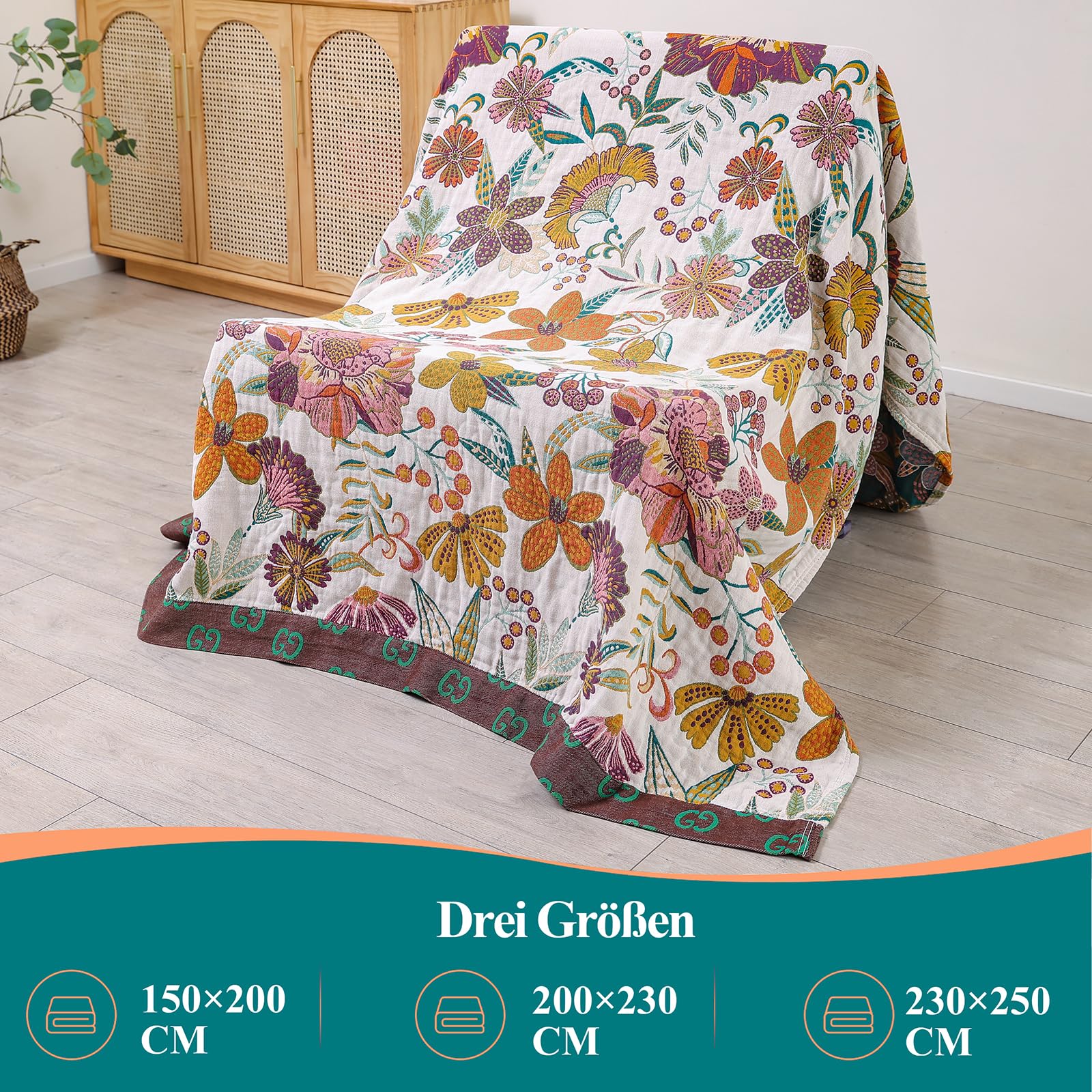 HOORDRY Baumwolldecke Tagesdecke, 4-Lagige Vorgewaschene Boho Bettüberwurf, Atmungsaktive Weiche Musselin Decke, Ideal für Couch Überwurf und Alle Jahreszeiten, 150x200 cm