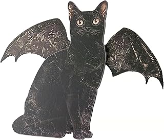Primitives by Kathy Bat Cat Stand Up – Wooden Vintage-Style Black Cat with Bat Wings, 13.75" – Halloween Tabletop Decoration with Easel Back