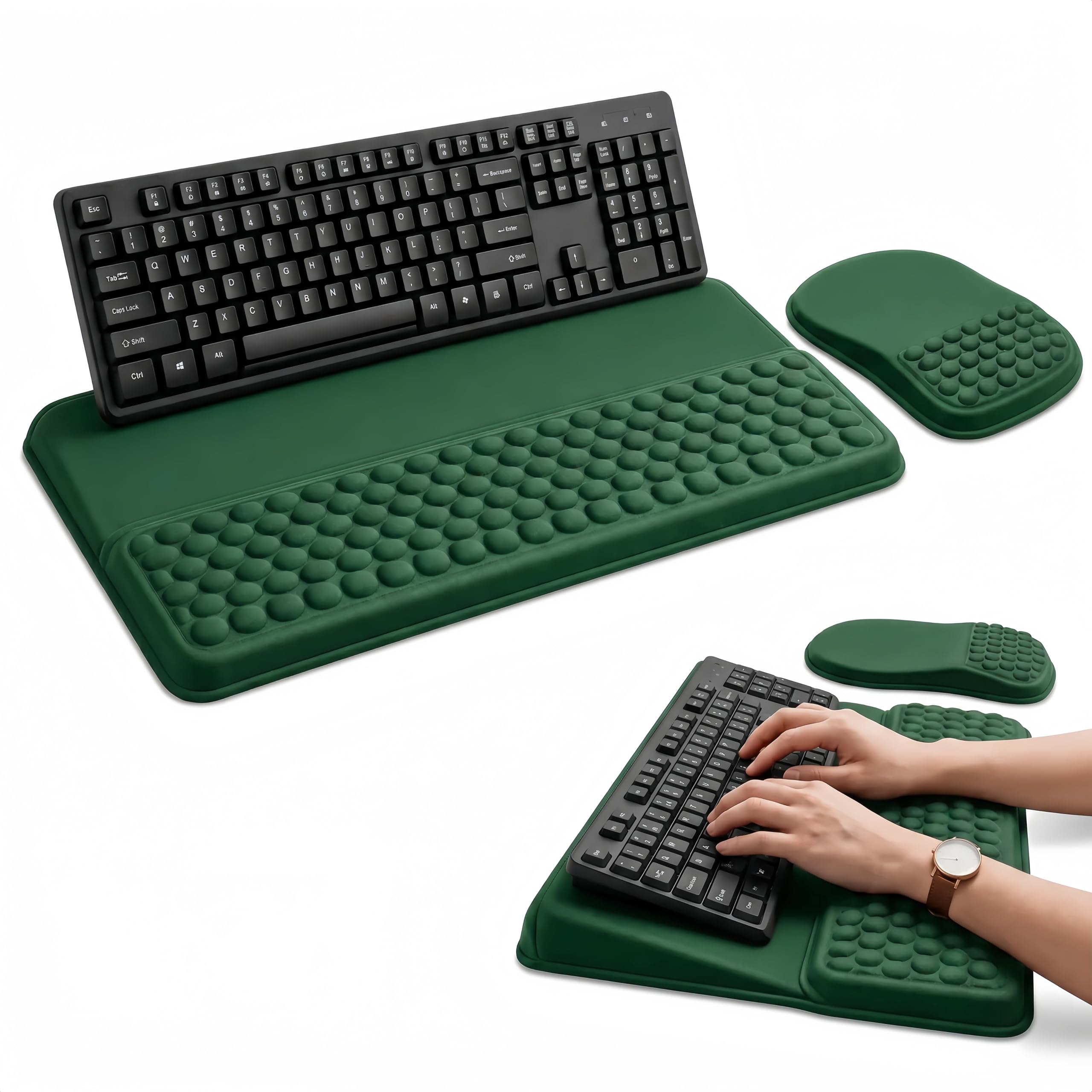 2-in-1 Ergonomic Keyboard Wrist Rest with Stand, Set with Matching Mouse Wrist Rest, Slow Rebound Memory Foam Palm Pad, Non-Slip Base, Relieve Wrist Fatigue for Office & Gaming(Green)