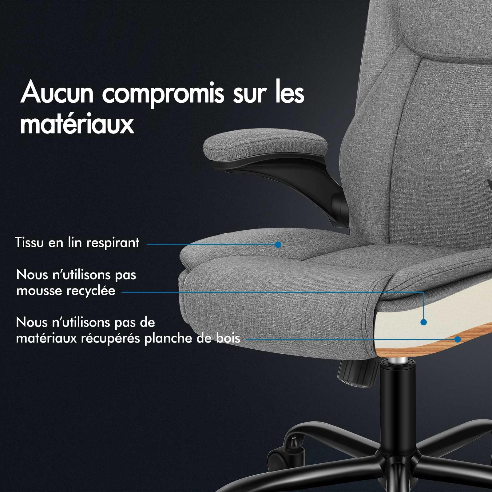 ALFORDSON Chaise de Bureau, Ergonomique, avec accoudoirs rabattables, en Lin, avec Ascenseur à gaz, Chaise de Jeu, pour Ordinateur, Table de Travail, Charge maximale 150 kg, Tissu Noir