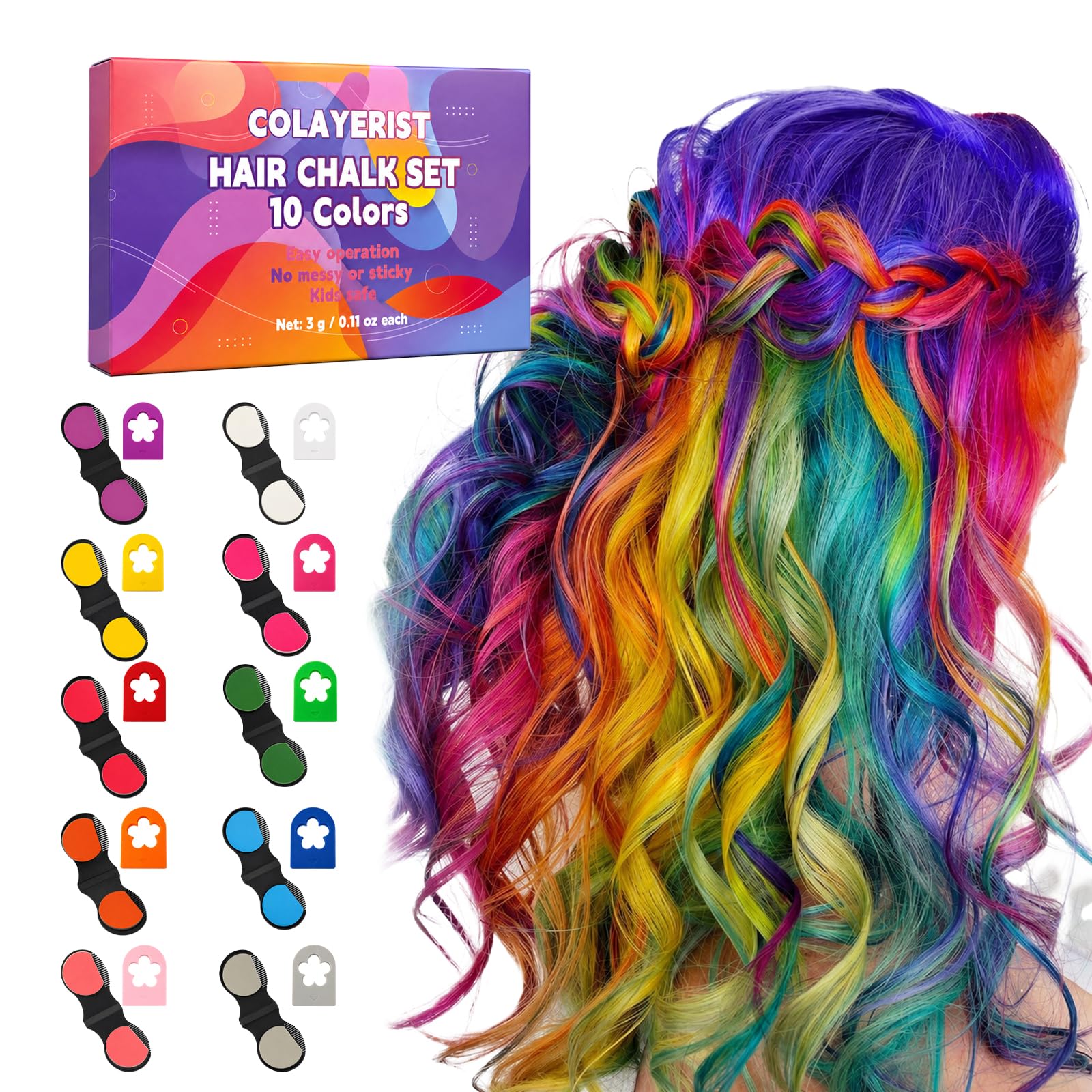 10 Colors Hair Chalk, Temporary Hair Color for Kids, Safe Washable Temporary Hair Dye Makeup Set for Girls, for Halloween, Birthday, Cosplay and Party Gifts 5.22 Ounce (Pack of 1)