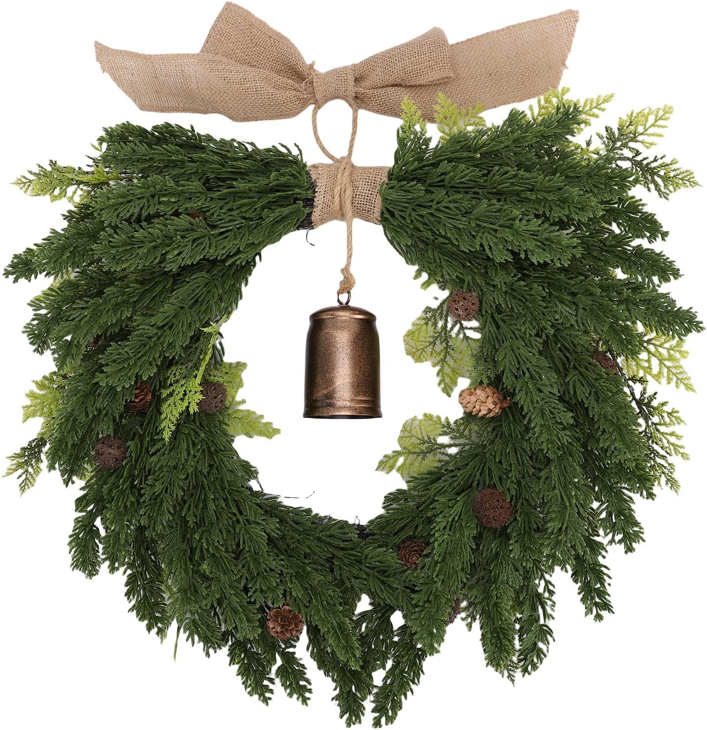 19.7 Cedar Wreath for Front Door Window Porch, Artificial Xmas Wreath with Rustic Cow Bell and Linen Ribbon, Outdoor Indoor Home Farmhouse Wall Decor Winter Christmas
