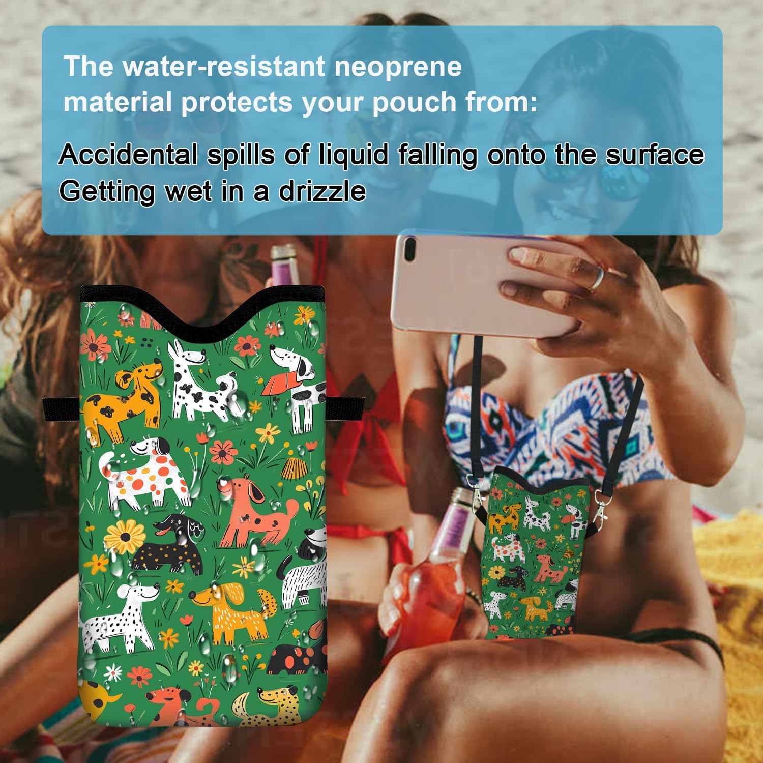 Neoprene Cell Phone Sleeve Pouch Case Bag with Crossbody Strap Neck Lanyard for Women 7.1 X 3.9 in Green Dog - Image 4