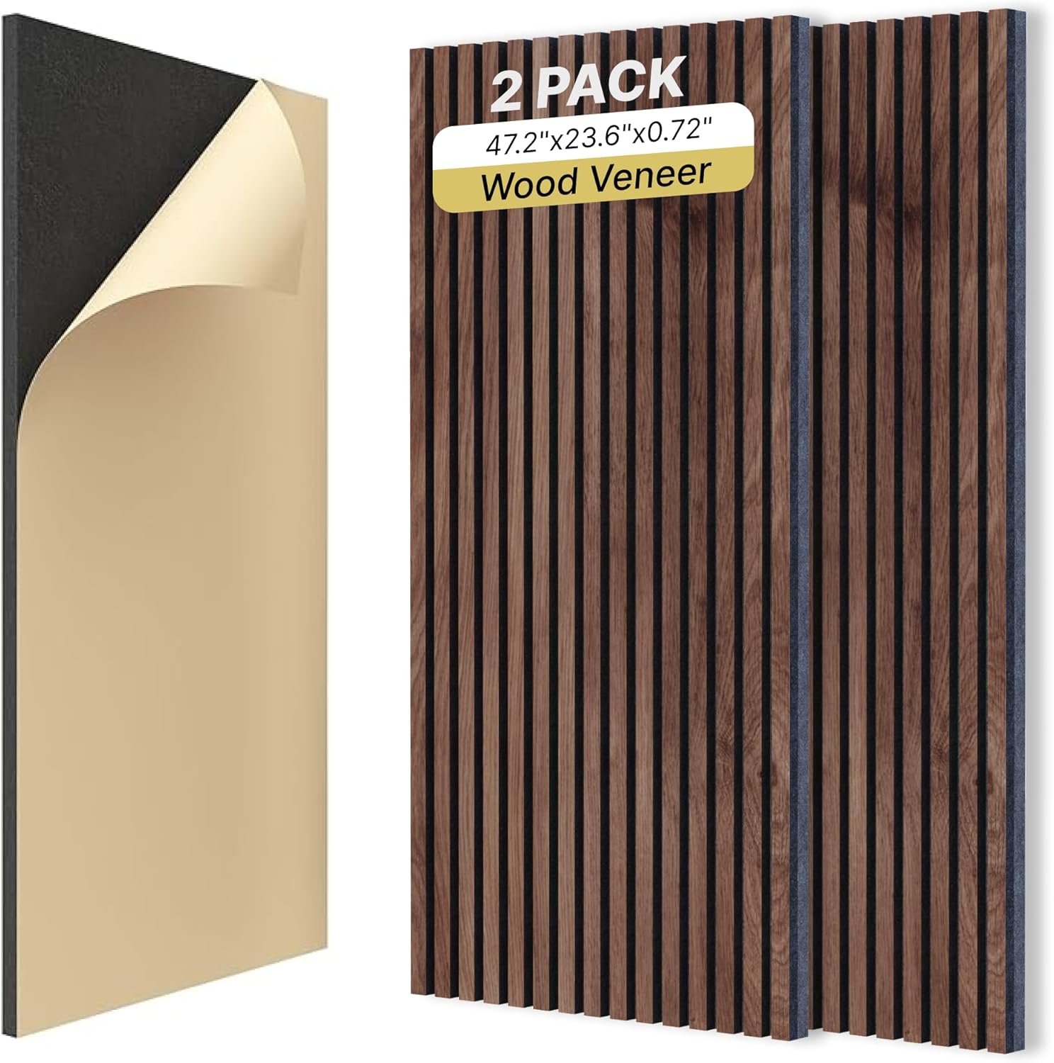 2-Pack Acoustic Wood Veneer Wall Panels, 47"x23.6"x0.74" 3D Self-adhesive Panel, Dual-layer Soundproof Tiles for Echo Absorption, Decorative Acoustical Barrier, Walnut Wood Finish
