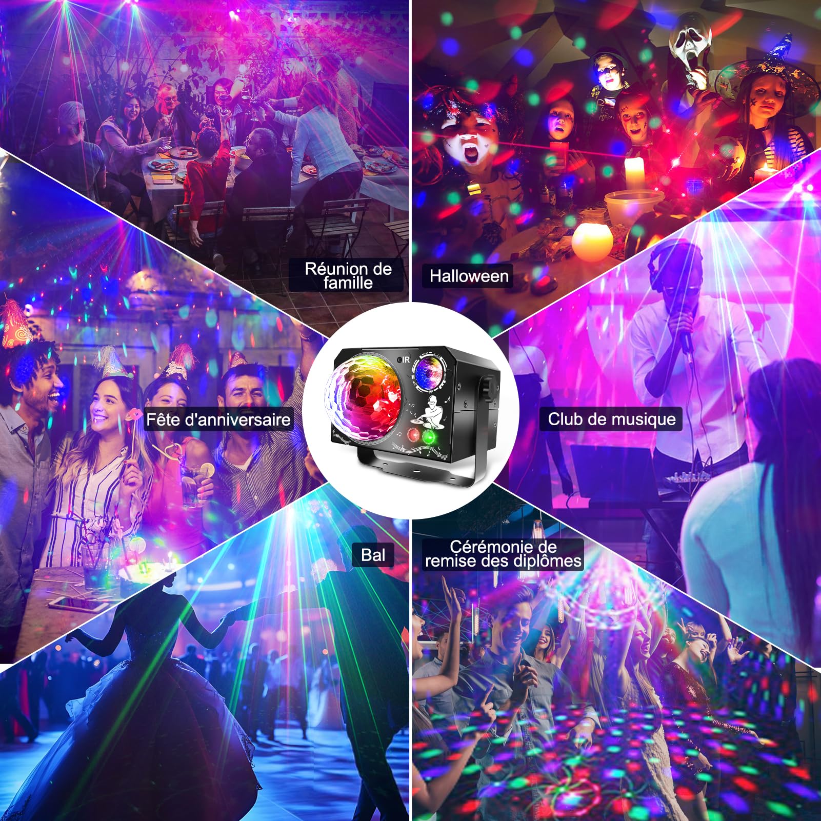 Lampe de Scène 4 en 1, Fwiull Lumière Disco avec Télécommande et Stroboscope, 65 Effets Lumineux RGB UV, USB Lumineux Boule Disco Musique Commande Vocale, Idéal Lumiere pour Soirée, Fête, Karaoké,Noël
