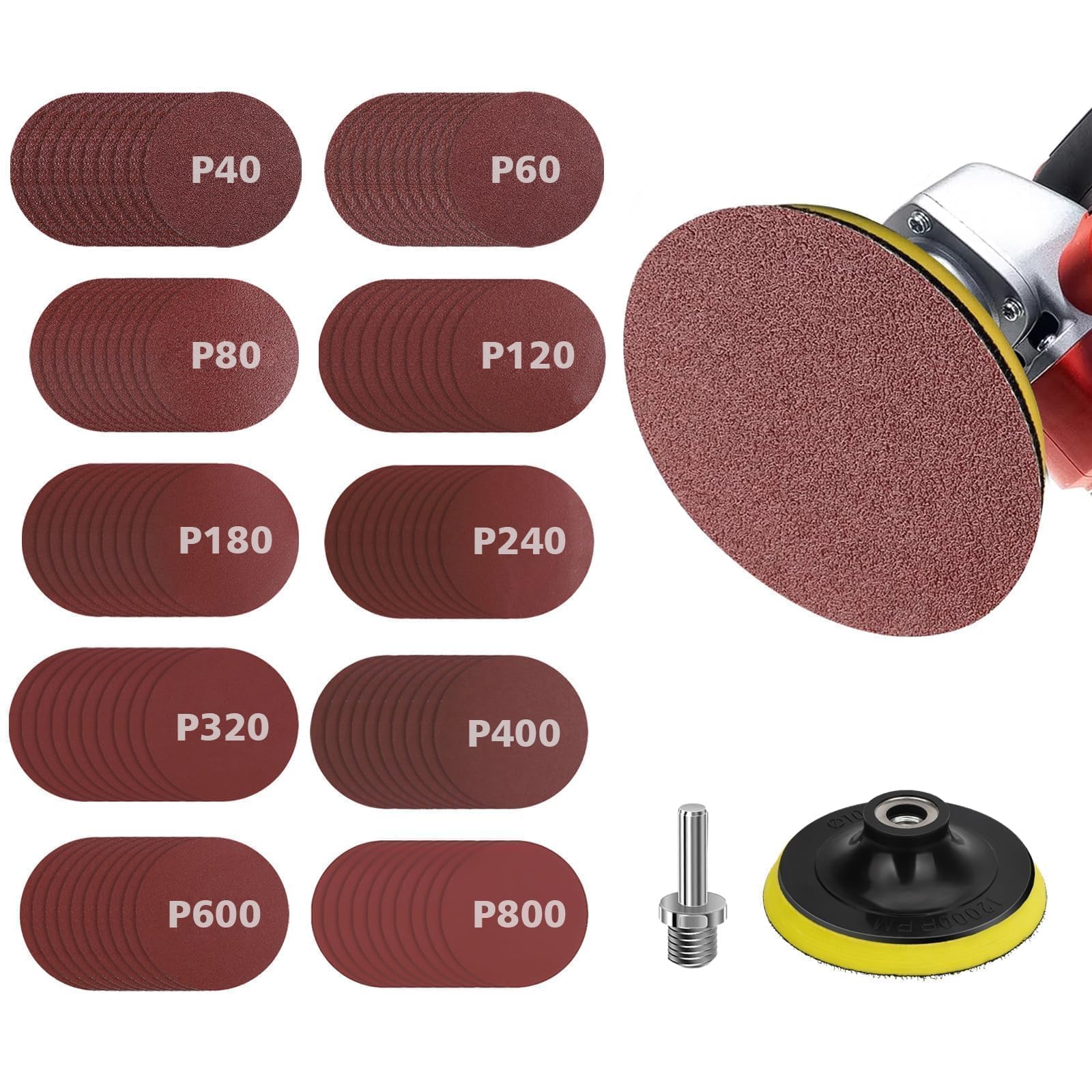 Discos de lijado para amoladora angular de 4 pulgadas, 100 discos de papel de lija con almohadilla de respaldo de gancho y bucle de 4 pulgadas y adaptador de taladro de 1/4 pulgadas,