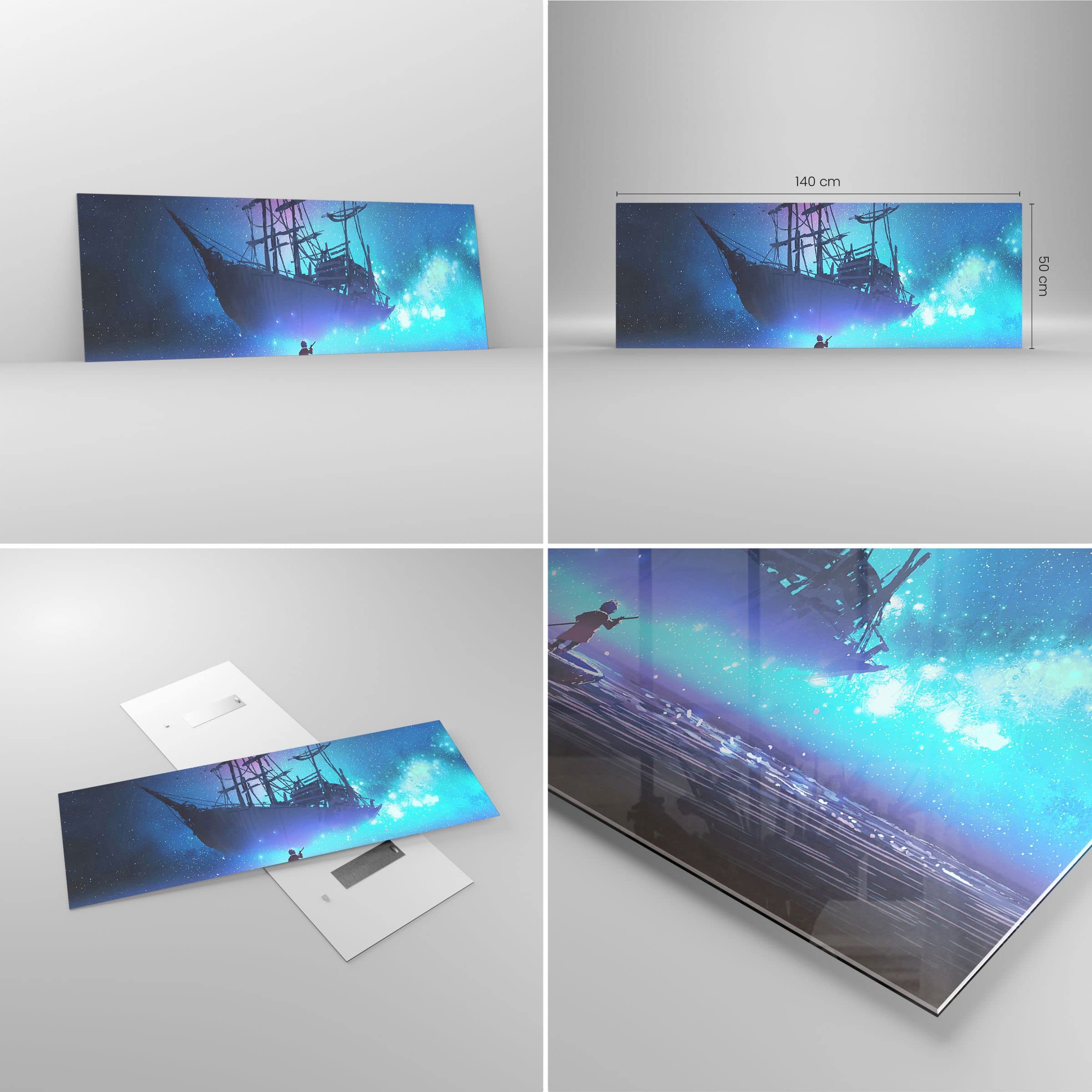 Cuadro sobre Vidrio 140x50cm Moderno Panorámico Infantil Fantasy - 4034 | Cuento de hadas Historia Navegación Cuadro Decorativo Arte mural Dormitorio Cuadros de Pared Impresión en Cristal ARTTOR