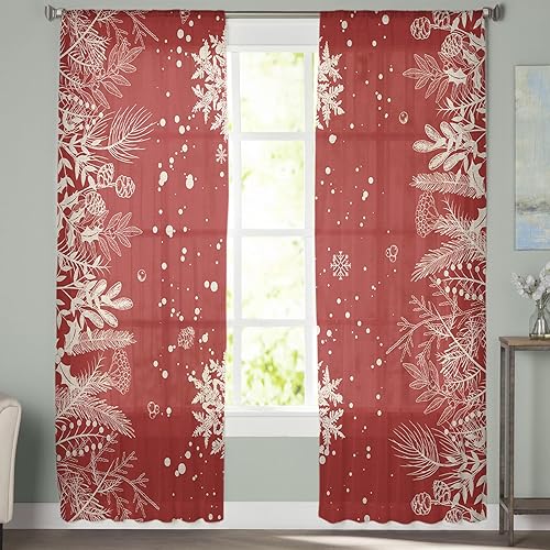 Miniatura 2 de Snowflake Sheer Curtains 84 Inch Length 2 Panels Set for Living RoomBedroom, Winter Christmas Pine Tree Leaves Watercolor Semi Curtain Sheers Drapes