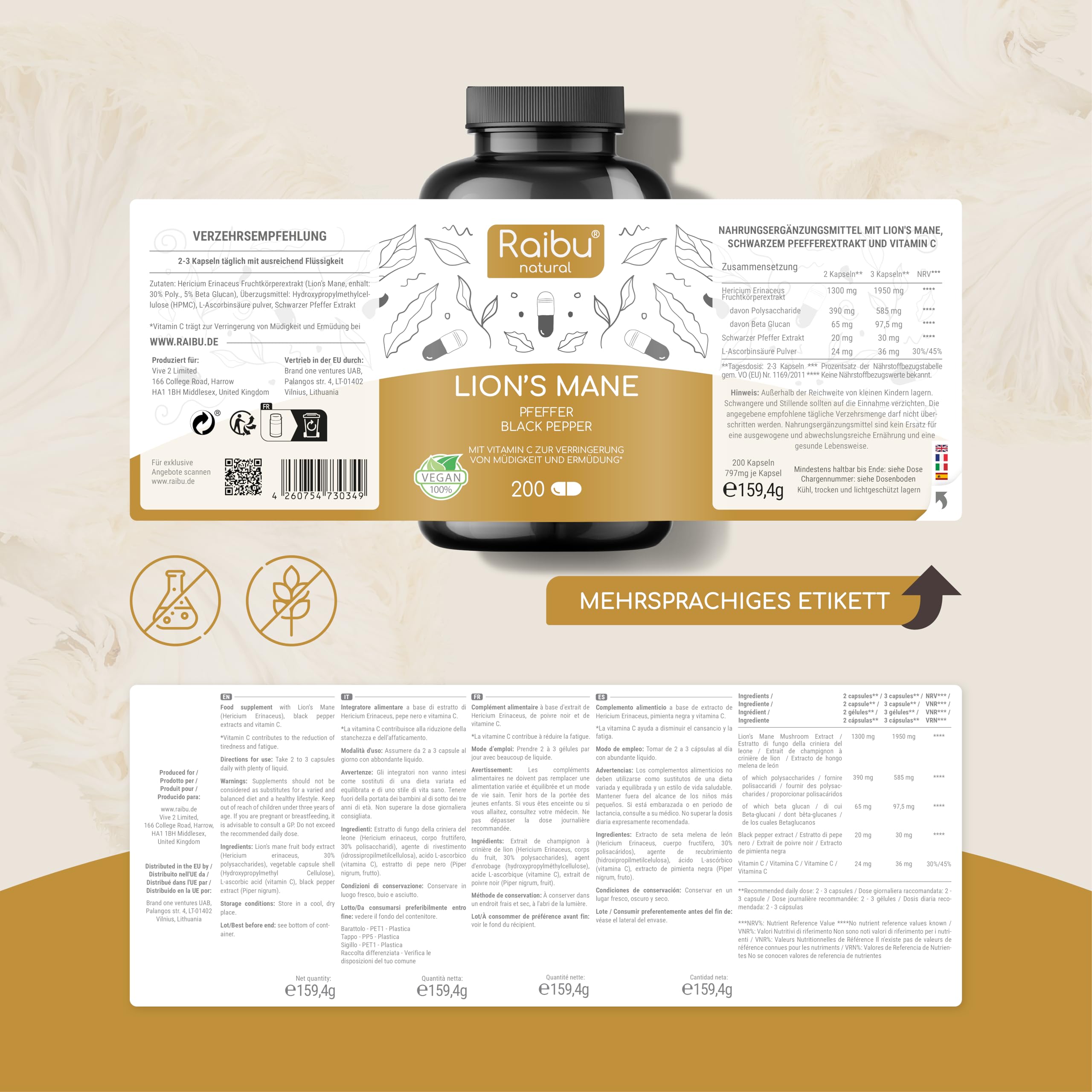 Lions Mane (Hericium Erinaceus) - 1950mg Hericium Extrakt Tagesdosis - 30:1 Extrakt (58.500mg Löwenmähne Pilz) - Mit 30% Polysaccharide & 5% Beta Glucan - Vegan und Laborgeprüft - Raibu
