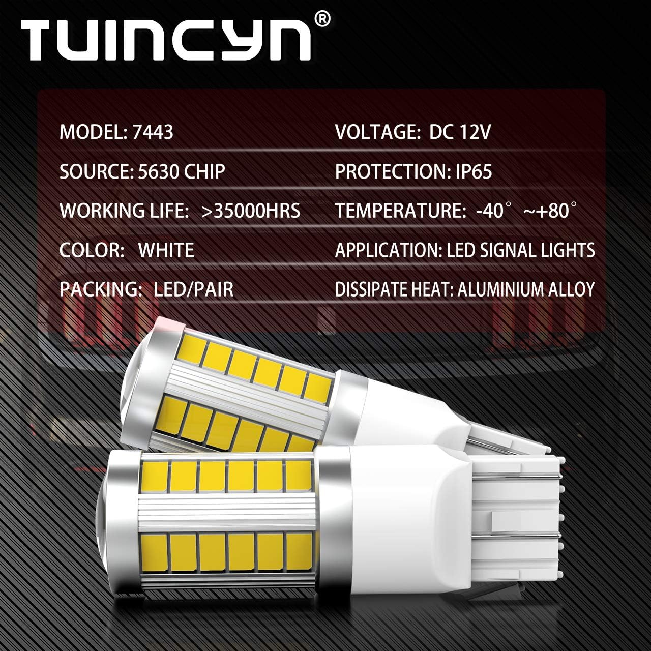 TUINCYN 7443 W21W T20 992 7440 7444NA LED Brake Light Bulbs White 5630 33SMD 8000K 900 Lumens Super Bright Back Up Reverse Light Turn Signals Light Tail Light Parking Light DRL DC 12V(Pack of 10)