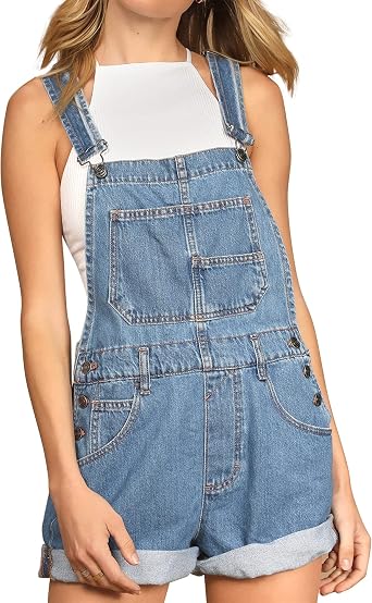 Womens Casual Denim Bib Overall Shorts Adjustable Straps Cuffed Hem Shortall Rompers
