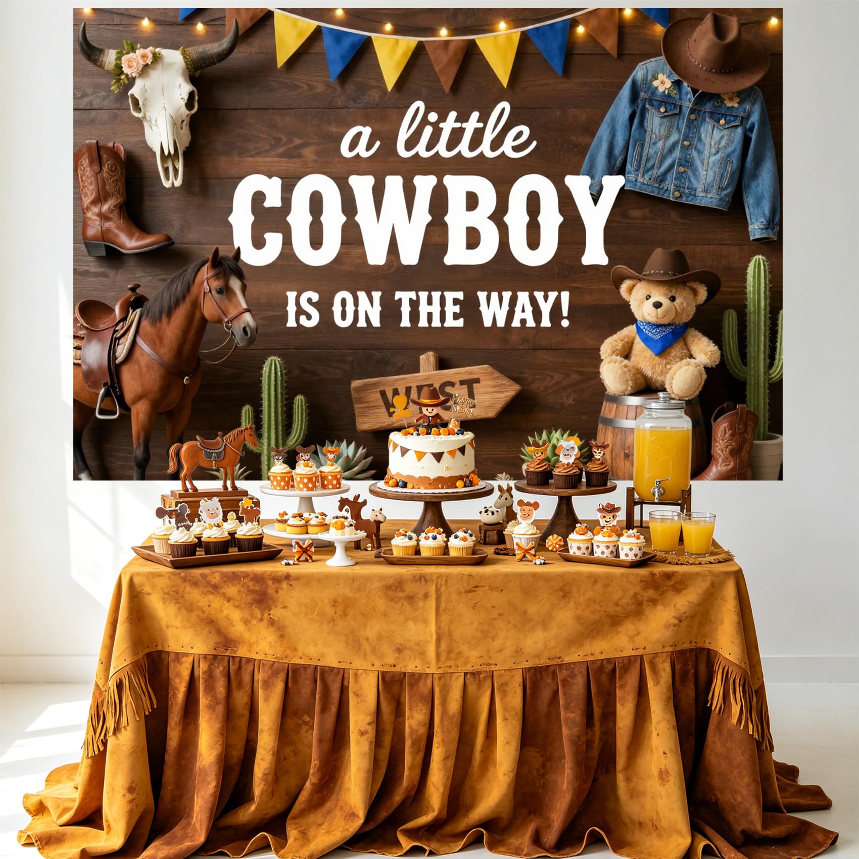 6x3m Sfondo in legno per baby shower a tema cowboy, striscione per la festa Un piccolo cowboy sta arrivando, articoli per la rivelazione del sesso del neonato in stile Far West,western