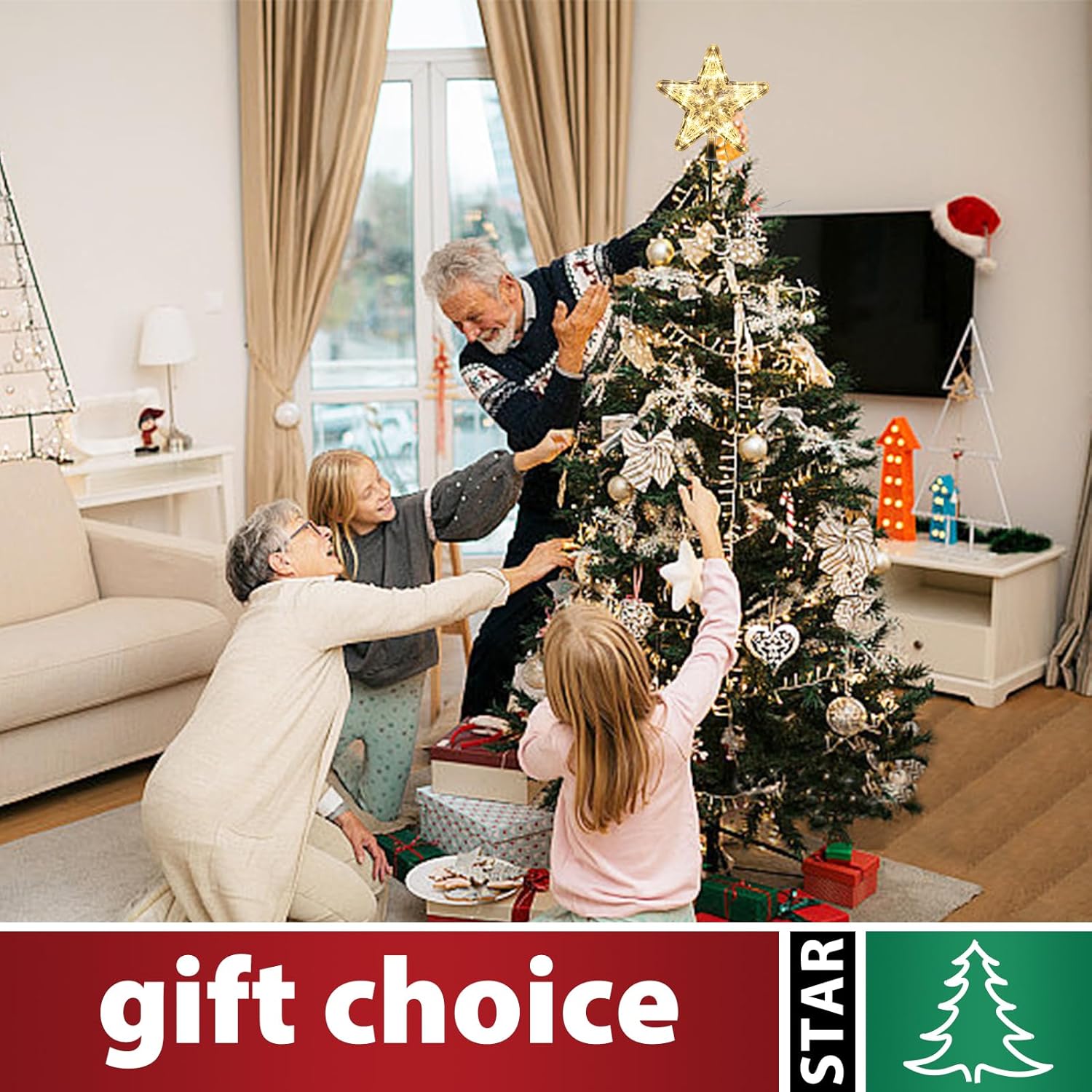 Christmas Tree Topper Star, Lighted Stars Xmas Holiday Decorations Treetopper, 9" Glitter Silver Star with LED Lights, Holder Clips on Artificial Real Trees, New Year Ornaments Classic Large Stars - Image 7