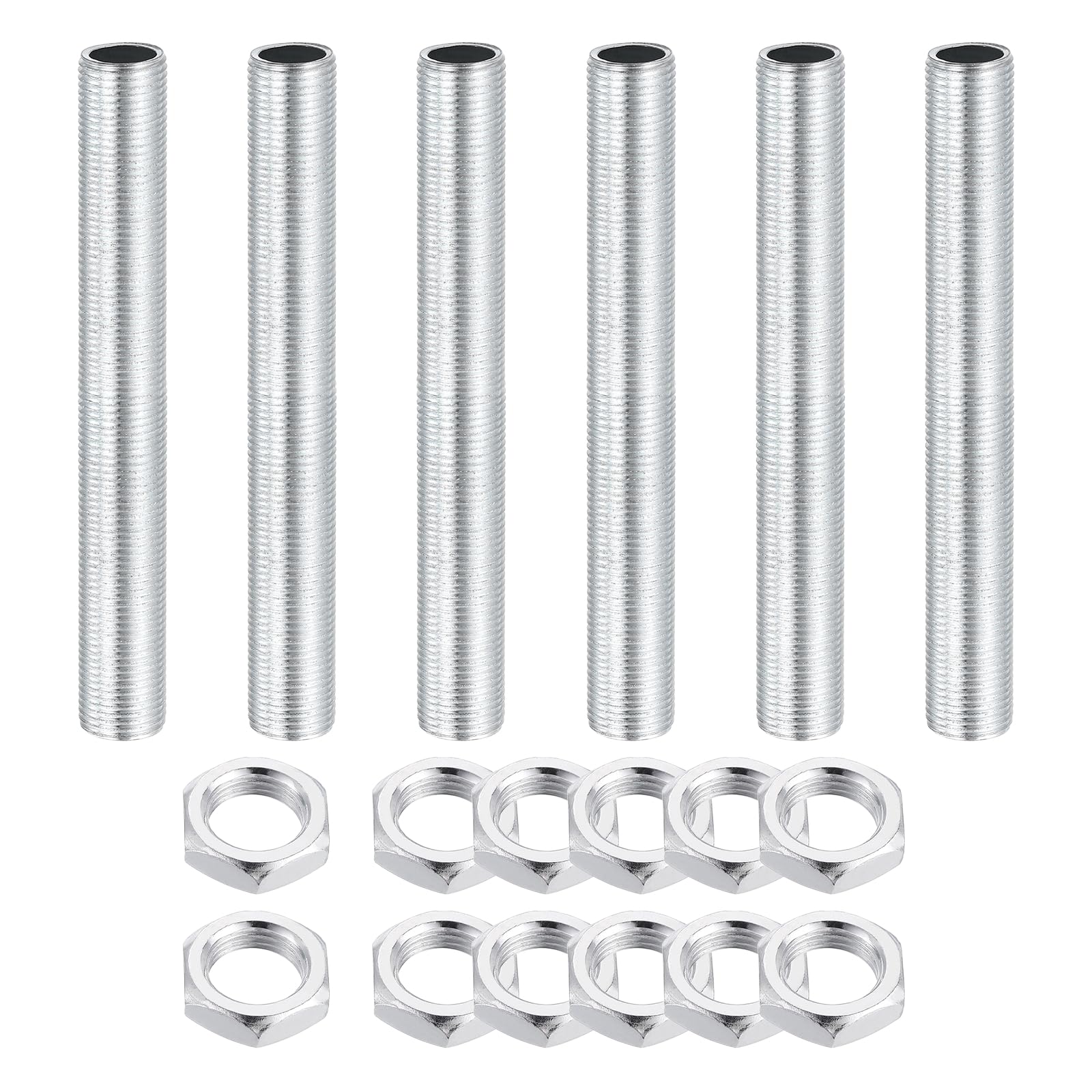 sourcing map 6Pcs 90mm Lamp Pipe Nipples Kit with Lock Nuts, M12x1 Fine All Threaded Hollow Tube Lamp Repair Hardware Fasteners for Chandelier Ceiling Lamps Assembly DIY, White Zinc โ image 1