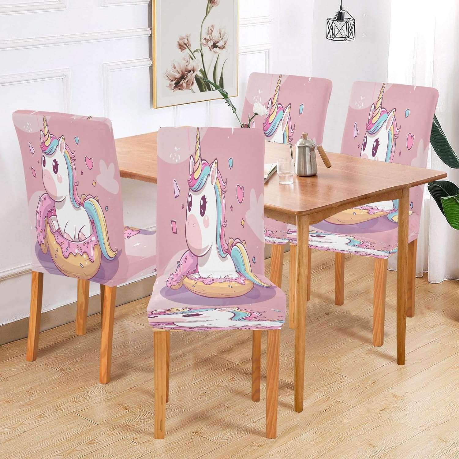 ALAZA Chair Covers for Dining Room, Cute Unicorn Donut Stretch Chair Cover Sets Chair Protector Removable Washable for Ktichen Restaurant Hotel