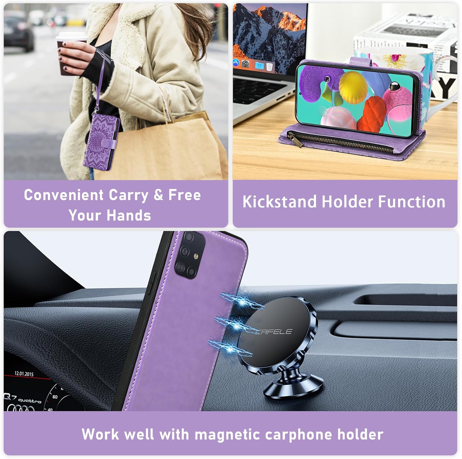 Phone Case for Samsung Galaxy A51 4G Zipper Wallet Magnetic Detachable Cell Cover with Screen Protector Crossbody Lanyard Strap Flower Flip Card Holder Slot A 51 M40S 51A A515F S51 Women Purple