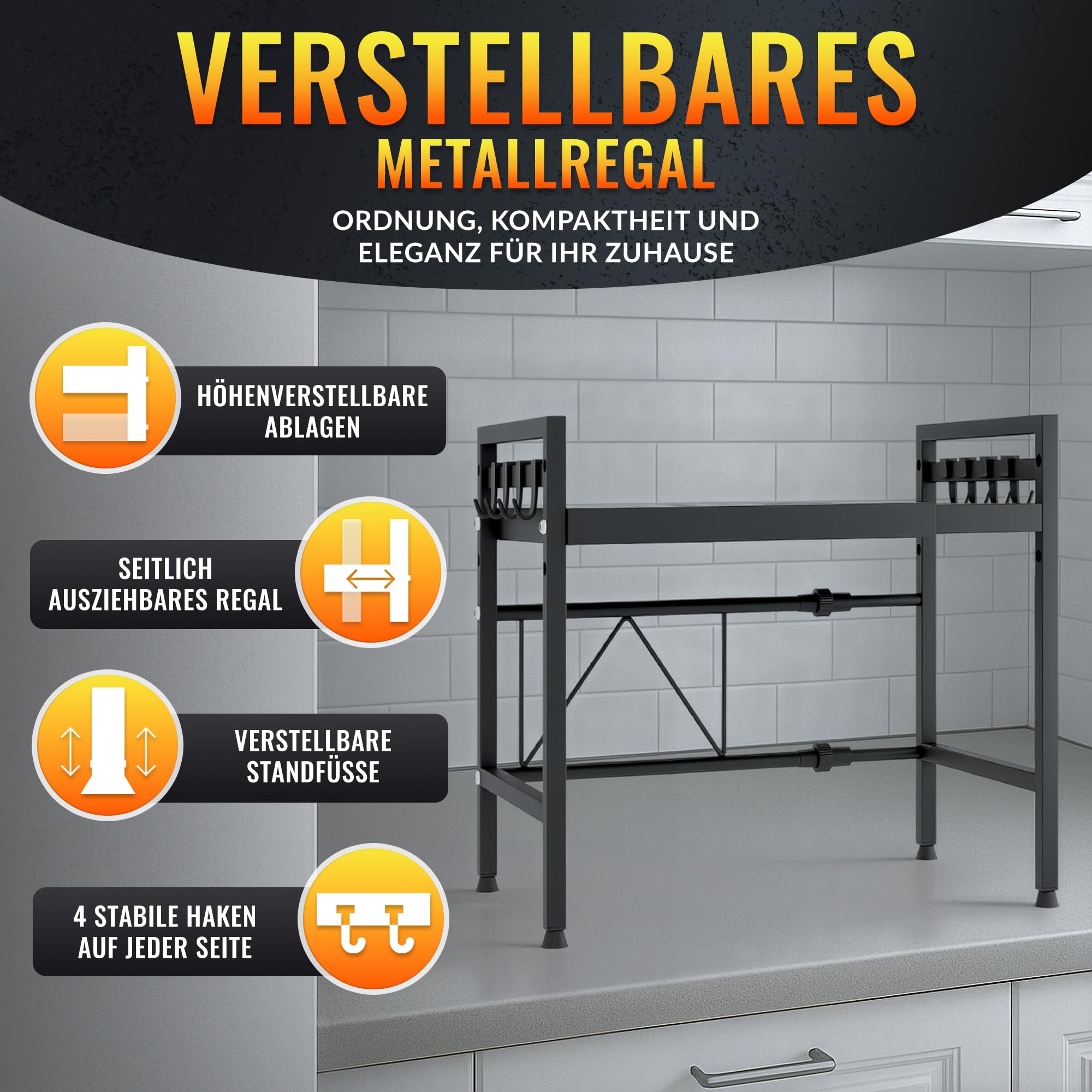 Allyson® Estantería para microondas de 2 niveles, altura ajustable, soporte para microondas, incluye 8 ganchos y patas antideslizantes, organizador de cocina para almacenamiento de cocina