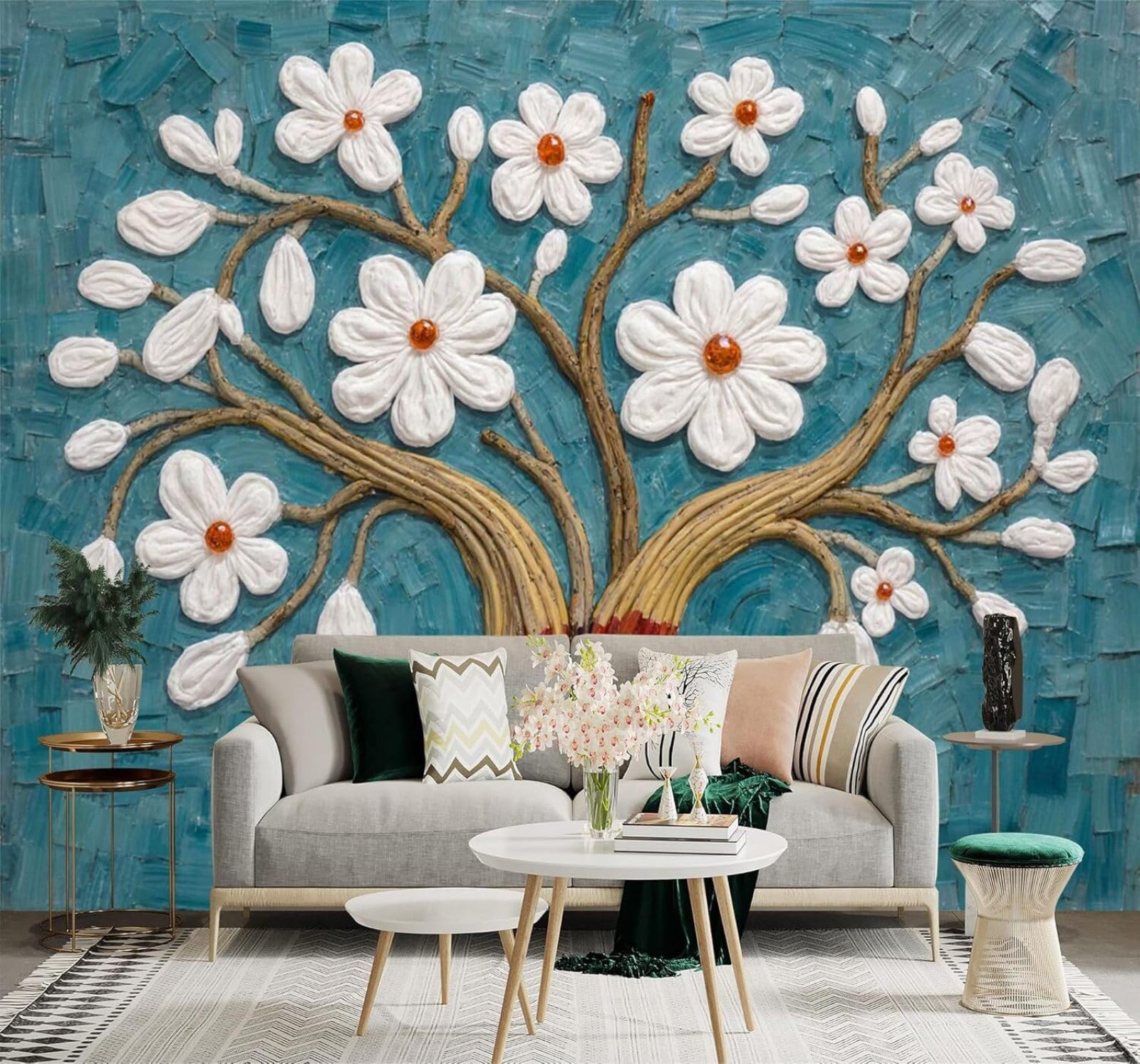 XLMING Creative White Flowers Trees Abstract Blue Texture 3D Wallpaper Silky Texture Home Study Office Grey Dining Room Sofa Bedroom Living Room TV Backdrop-250cm×170cm