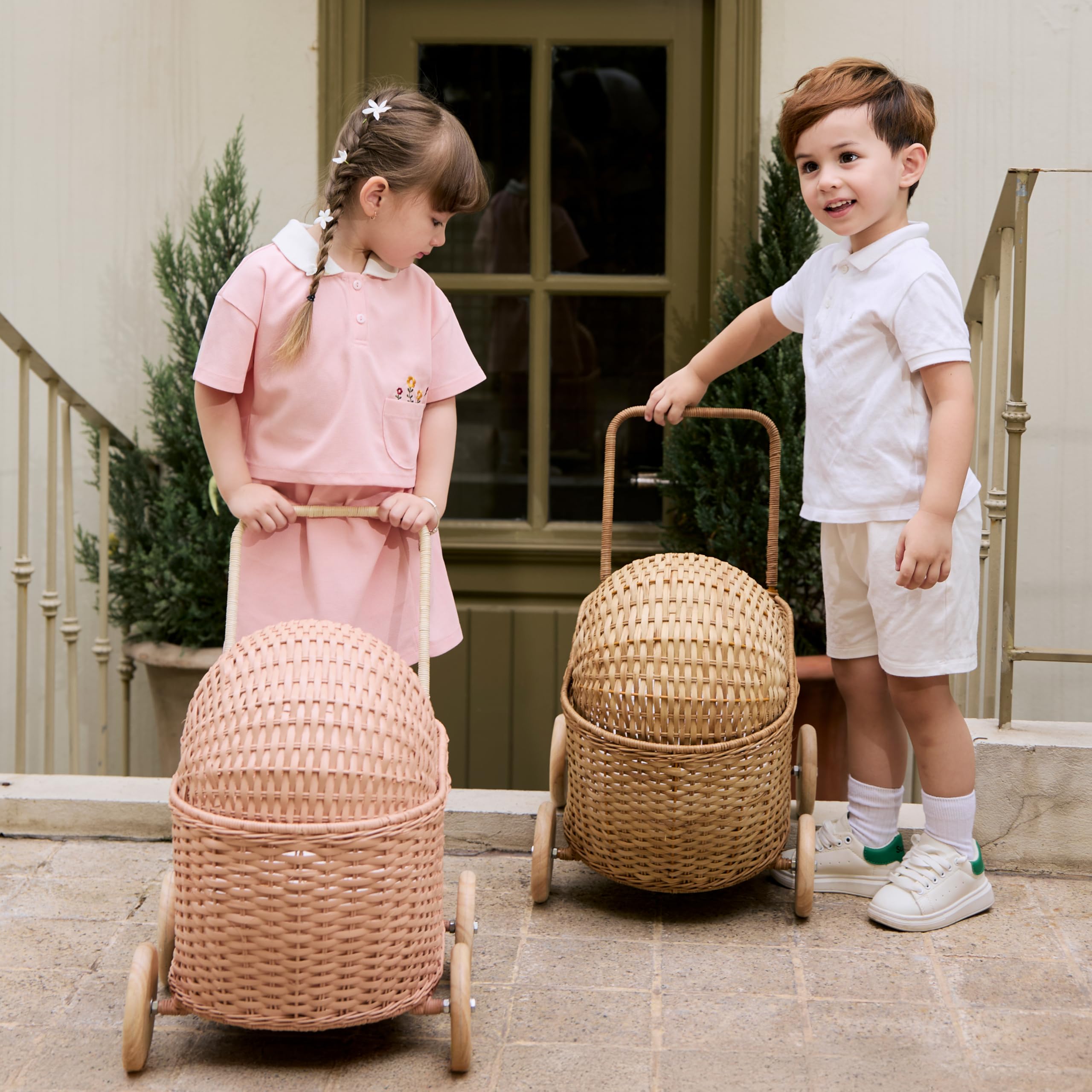 GON Stroller – 3 in 1 Rattan Puppenwagen, Einkaufwagen & Lauflernwagen für Kinder | Handgeflochtener Puppen-Buggy aus Naturmaterialien mit Kissen & Matratze | Holzpuppenwagen ab 1 Jahr - Natural