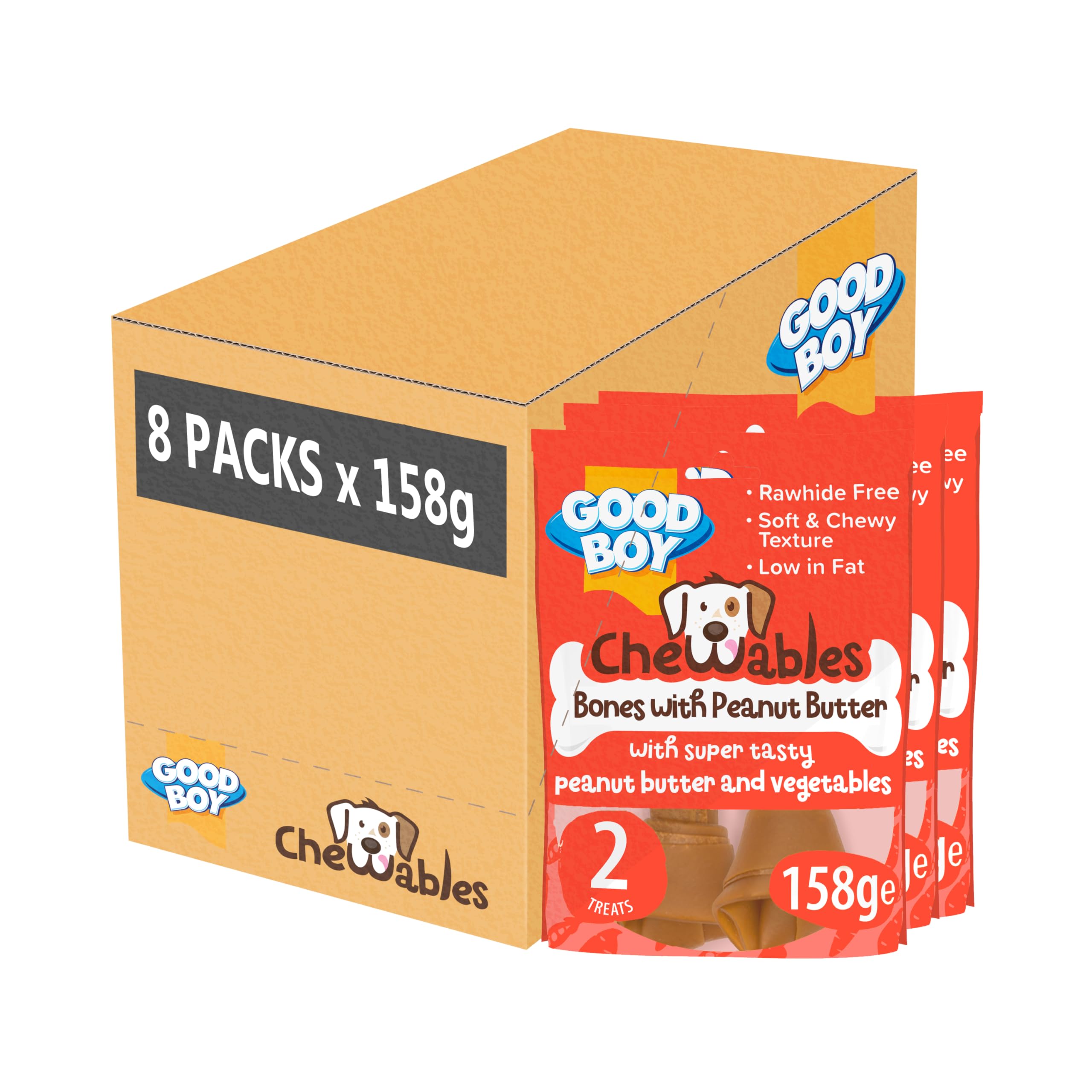 Good Boy Chewables Peanut Butter Medium Bones- Natural Dog Treats - Low Fat & Rawhide Free - Bulk Box - 8 x 158g
