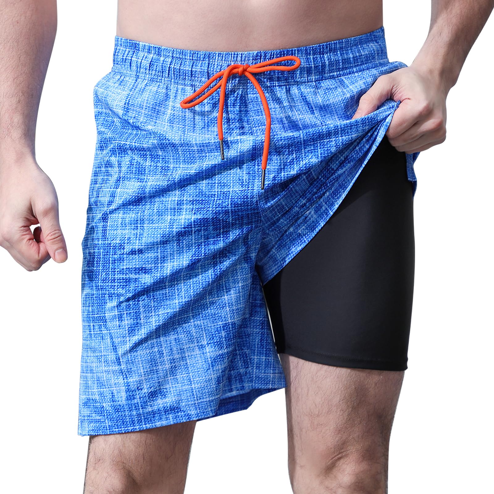 Cagola Mens 5/7" Ineseam Swim Trunks with Compression Liner 2 in 1 Bathing Suit Swimwear with Zip Pockets UPF50+ Board Shorts