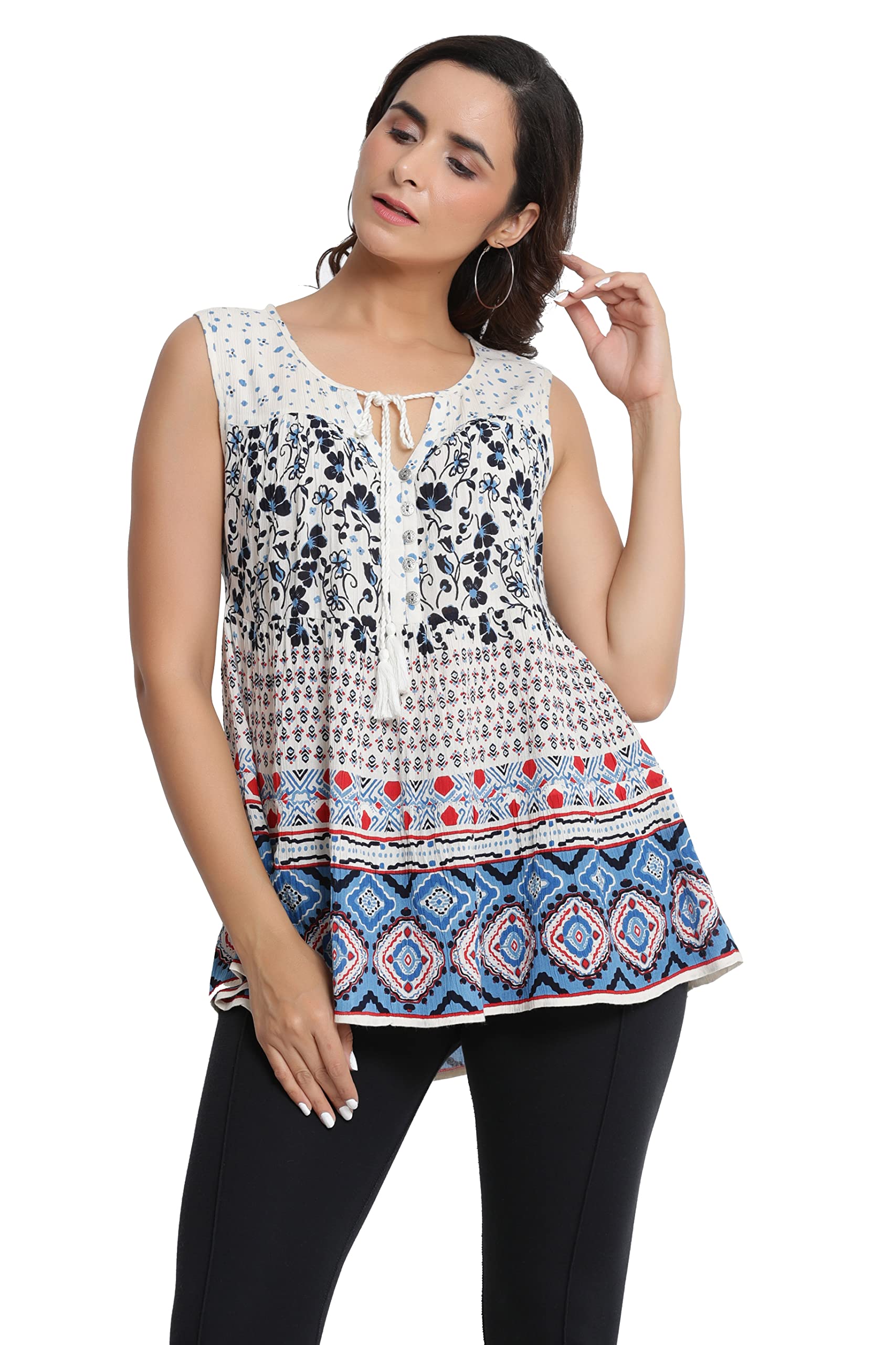 infinity garments Rayon Crepe Border Printed Stylish Top for Women Medium White-picture-45