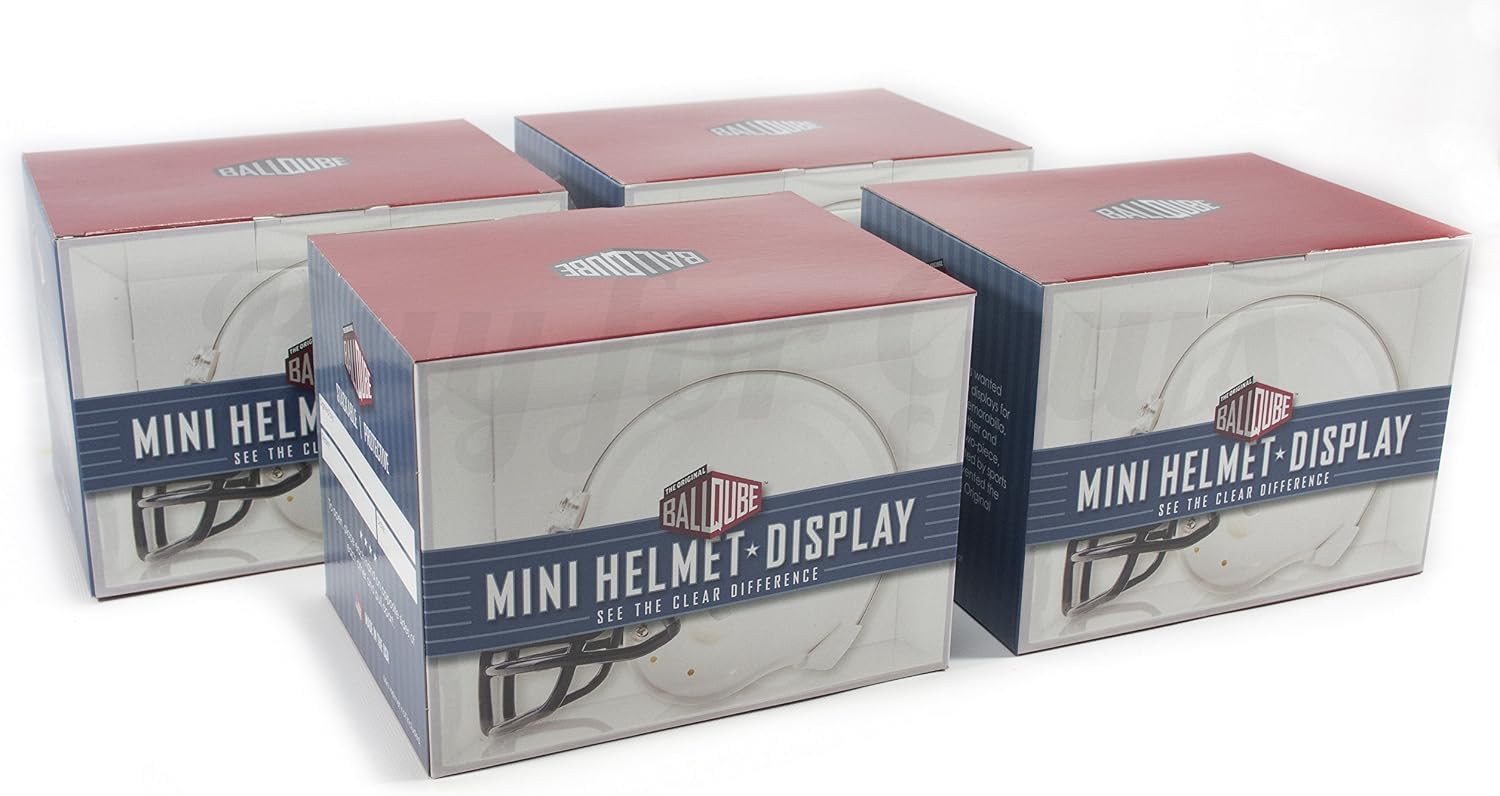 BallQube Mini Football Helmet Display Case- 4 Pack of 7 Inch Crystal Clear Display Holders that Fits all Models of Miniature Foot Ball Helmets, Goalie Masks, and other Small Sports Gear
