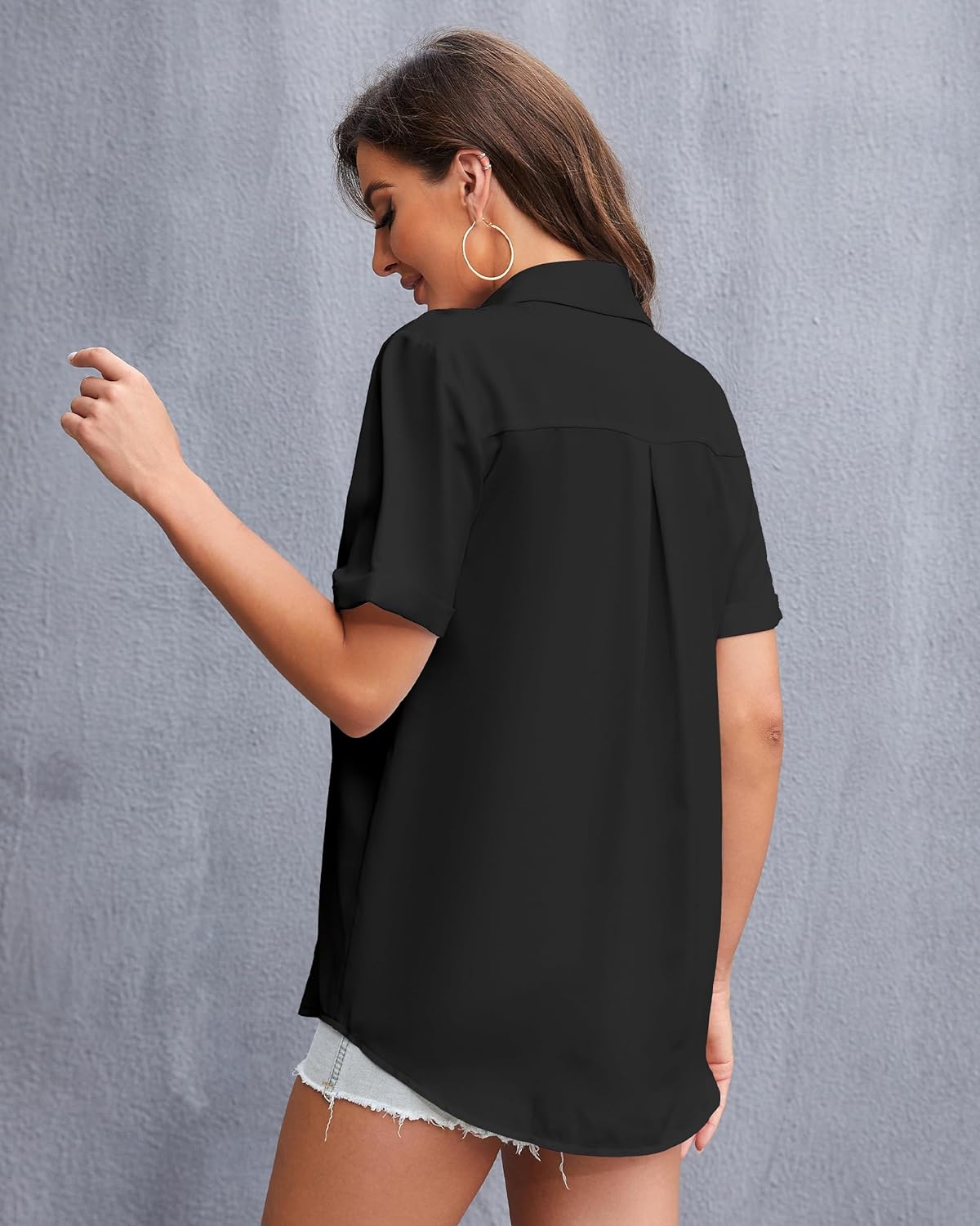 YAMANMAN Womens Button Down Shirt Short Sleeve Classic Collared Blouse Work Office Casual Chiffon Tops - Image 2