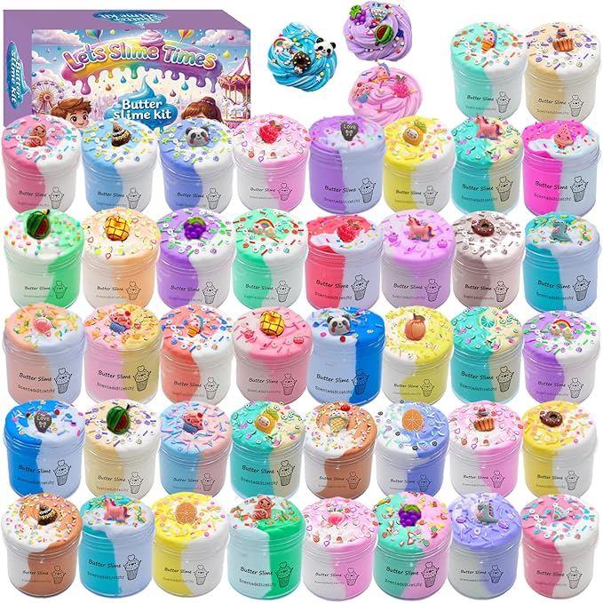 Butter Slime Kit with Multiple Colors, 42 Packed Slimes with 24 Decorative Toppings, Sprinkles, Craft Toy, Party Favors for Kids, Gift for Girl and Boys 6 7 8 9 10 11 12