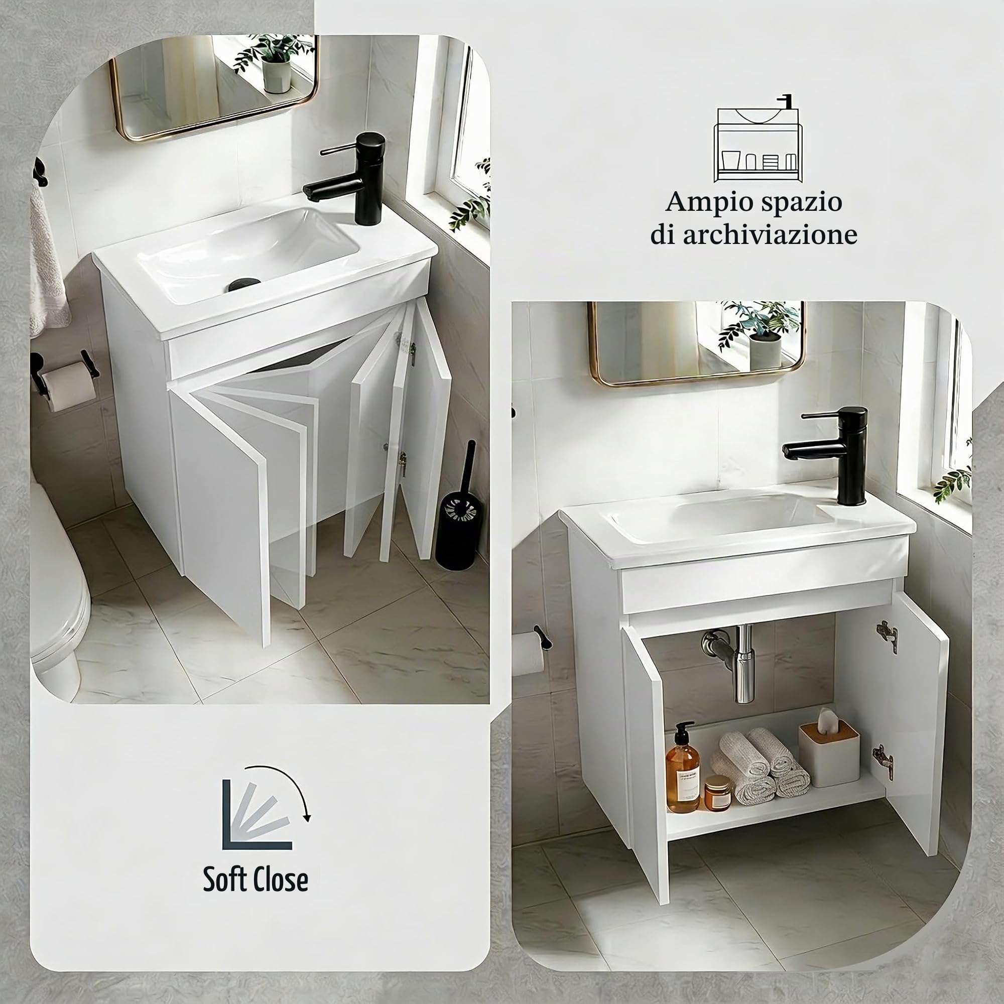 NUESTRA VIDA Mobile sottolavabo 50 cm con mobiletto, set di mobili da bagno con lavabo, mobile da appendere per piccoli bagni, ospiti, WC, senza rubinetto, bianco (50 x 27 x 58 cm)