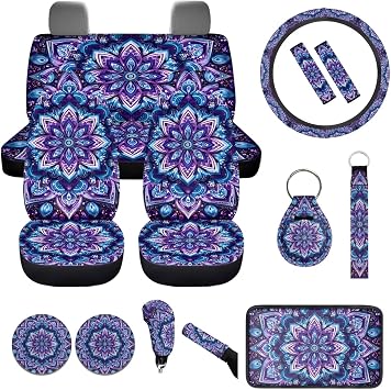Hippie Car Seat Covers Set 14 Pcs Boho Lotus Car Interior Sets Auto Front Rear Seat Cover Seat Belt Cover Cup Holder Keychains Wrist Full Set Purple Lotus Car Interior Accessories for Women