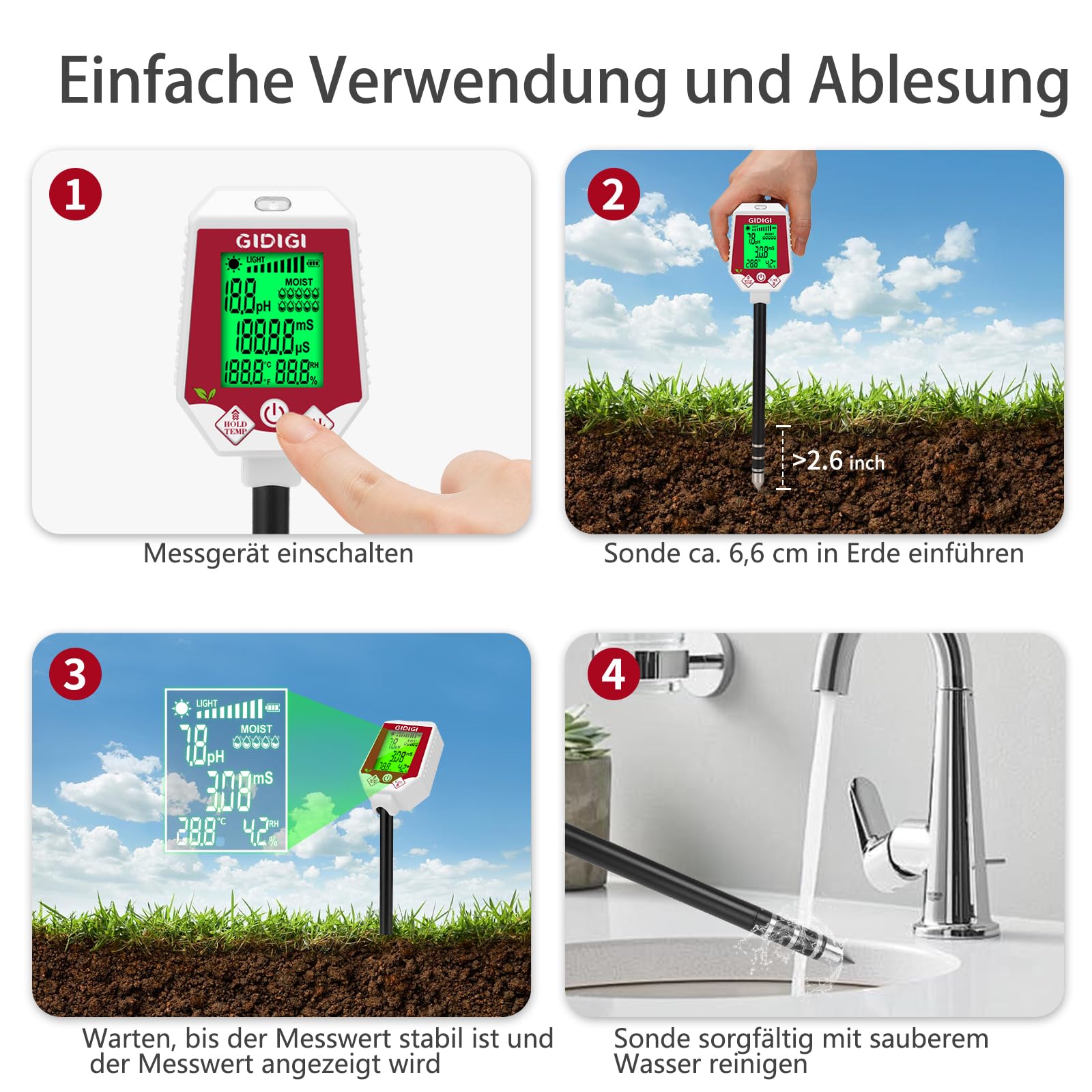 Boden pH Messgerät und Feuchtigkeitstester, 6-in-1 Digitaler Pflanzenbodentester, Boden pH/EC/Sonnenlicht/Bodenthermometer/Luftfeuchte/Bodenfeuchtigkeitsmessgerät für Gartenpflanzen