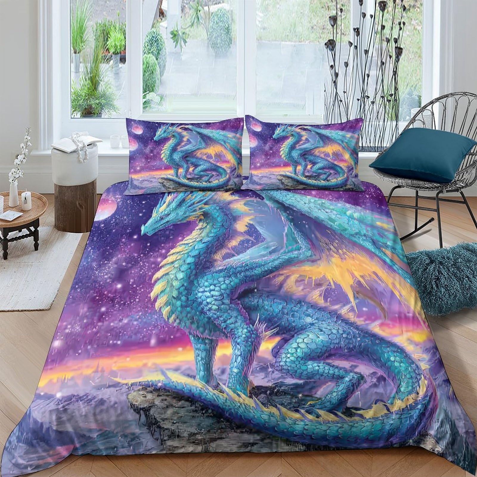 GPLZQXKJNH 3D Printed Blue Dragon Duvet Cover Microfiber Soft Breathable Fantasy Night Sky Bedding Set with 2 Pillowcases for Bedroom Decor Single（135x200cm）