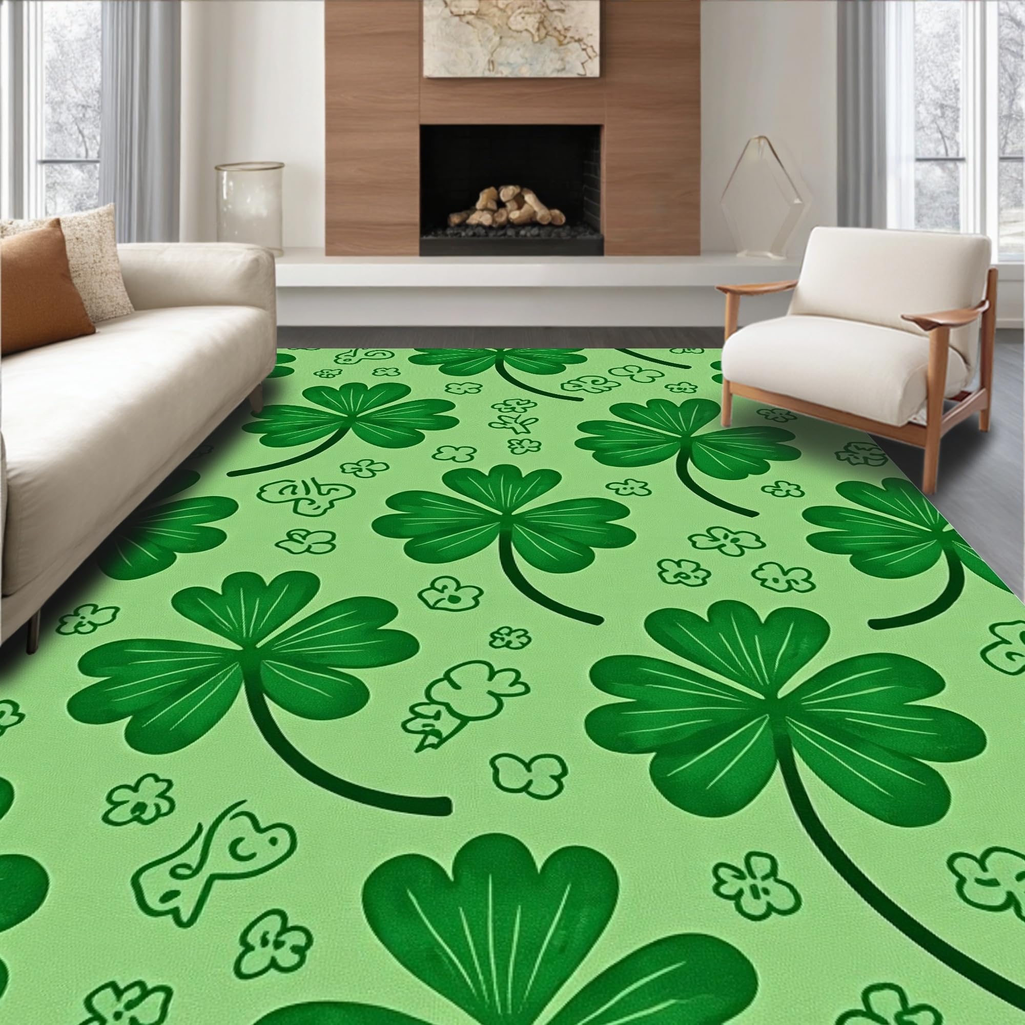 Flatwoven High Traffic Area Rug 5x7, Emerald Field Motif with Lucky Shamrock Style Arrangements, Non Slip, Stain Resistant, Washable Area Rugs for Living Room, Bedroom (Green, 5x7)