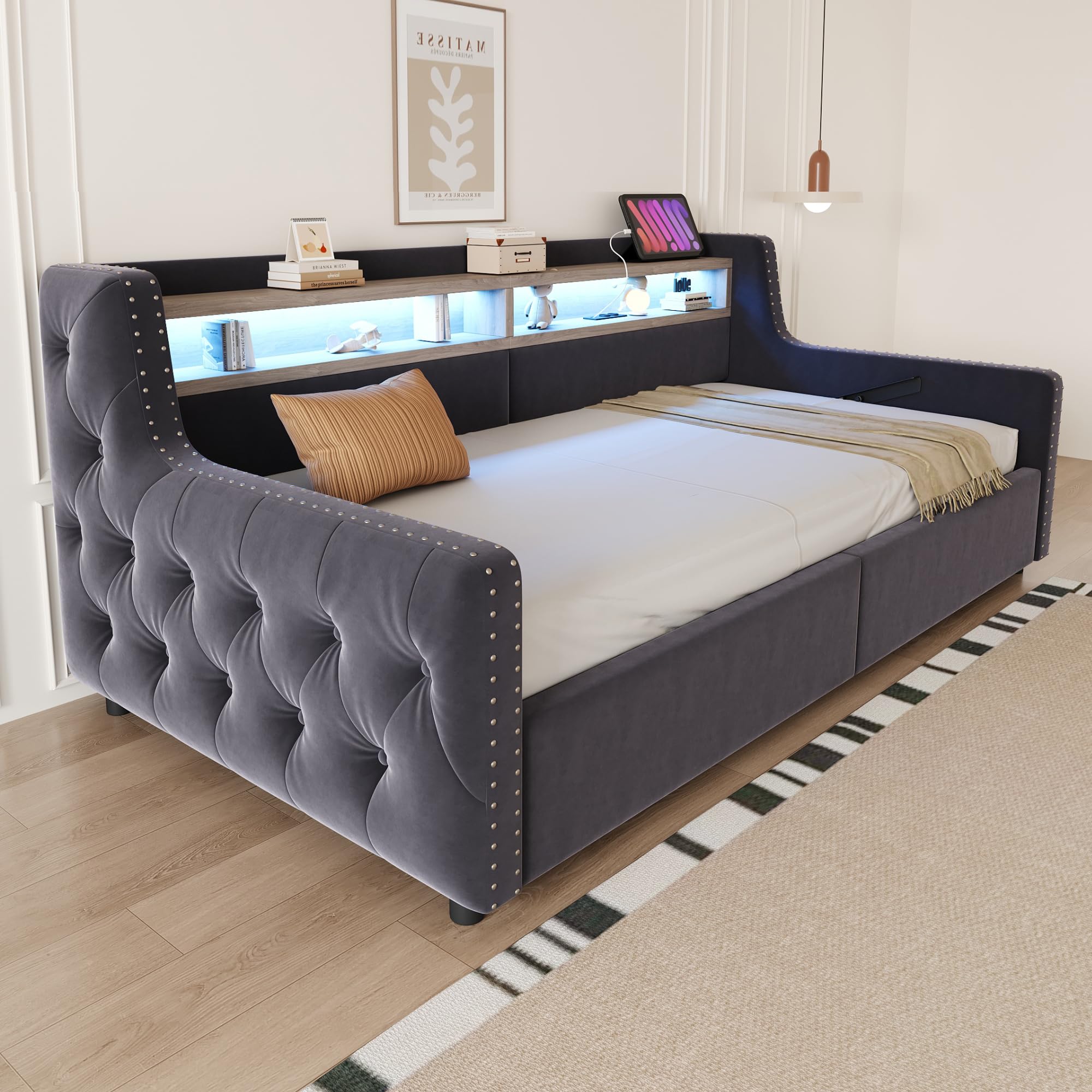 Schlafsofa Kinderbett 90x200 mit LED Streifen und USB Anschluss | Polsterbett Einzelbett mit Hydraulisch Stauraum, Stauraumbett Bett Bettgestell mit Lattenrost, Ohne Matratze, Samt,Dunkelgrau