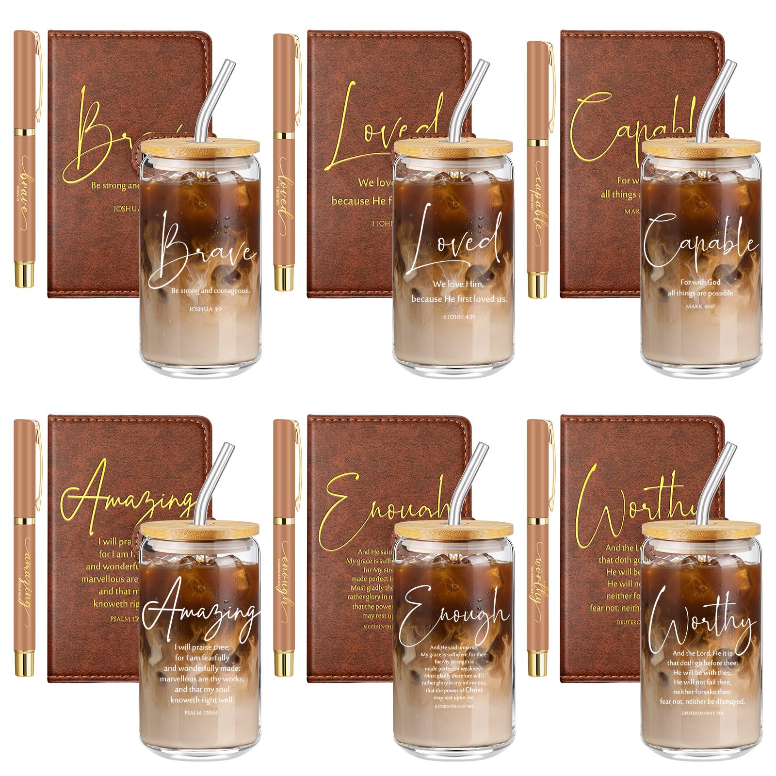 Photo 1 of AmazingSpark Fathers Day Christian Gift Bulk for Men Women 16 Oz Glass Cups with Lid Straw Bible Notebook Leather Prayer Journal with Pen Religious Gift for Church Member(Bible Words,Brown,18 Pcs)