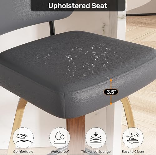 Miniatura 5 de Juego de 2 taburetes de bar giratorios tapizados de piel sintética de 26 pulgadas con respaldo de nogal y patas de madera curvada, sillas de bar