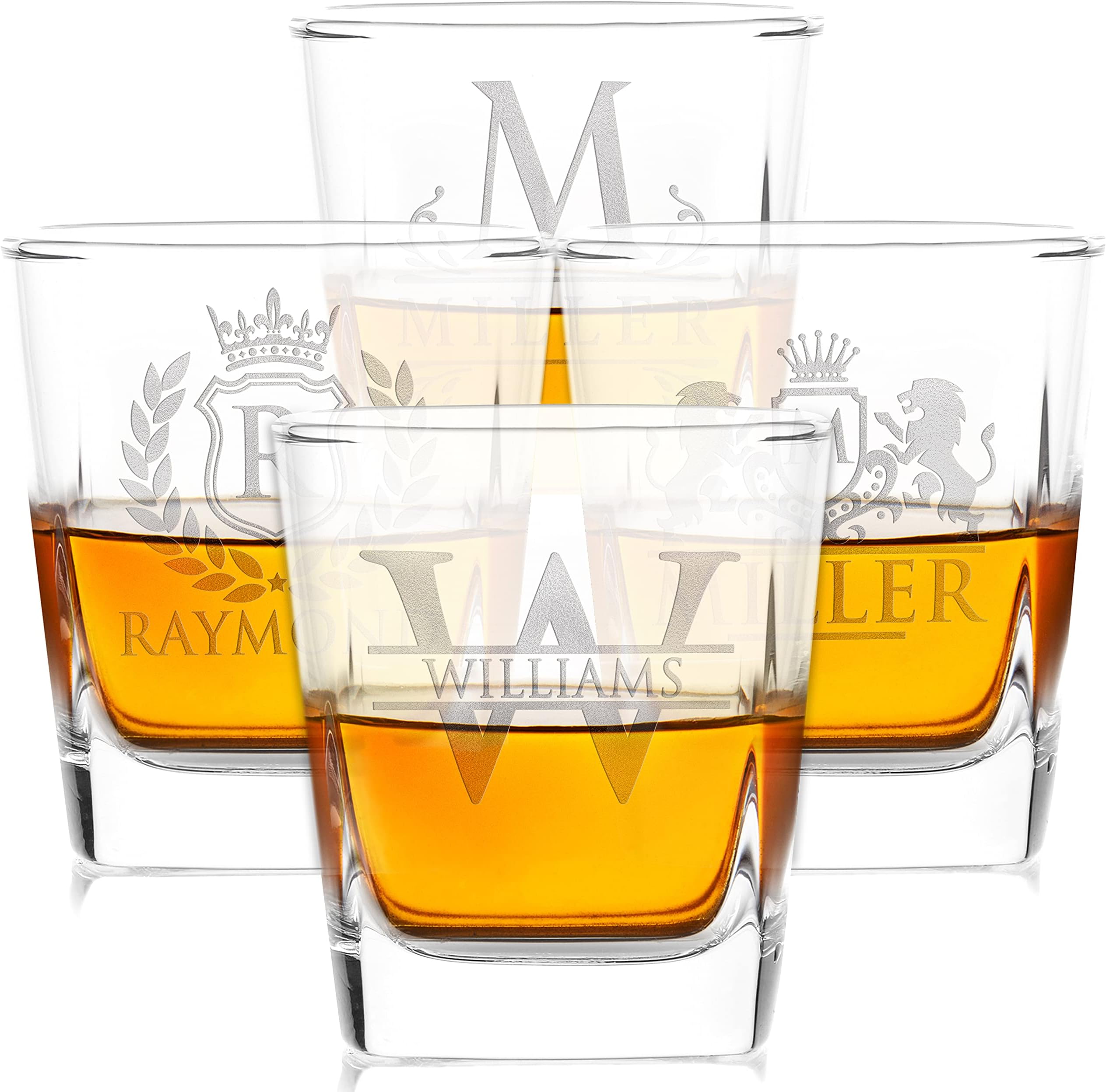 - Amazing Items Set of 4 - Whiskey Gifts for Men, Personalized Whiskey Glasses w/Name & Initial - 9 Designs - 9 oz, Limited Edition Monogrammed Rocks Glasses, Dad Gifts