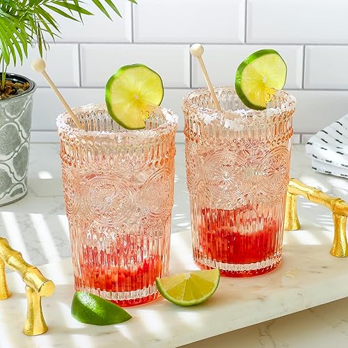 Vista 35 de Kate Aspen Juego de 6 vasos para beber a rayas transparentes con textura vintage, (13 onzas), juego de cristalería acanalada con diseño de flores