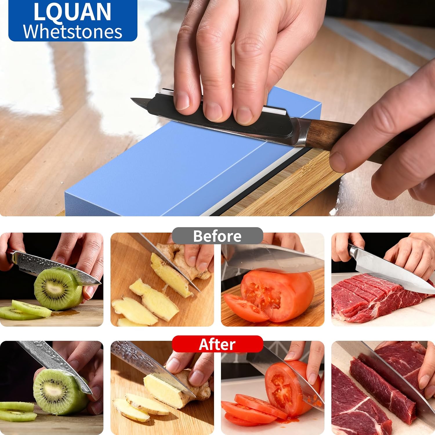 Knife Sharpener, Professional Whetstone, Double Sided Whetstone 1000/6000, Knife Sharpener with Whetstone, Non-Slip Soft Rubber Base Set and Bamboo